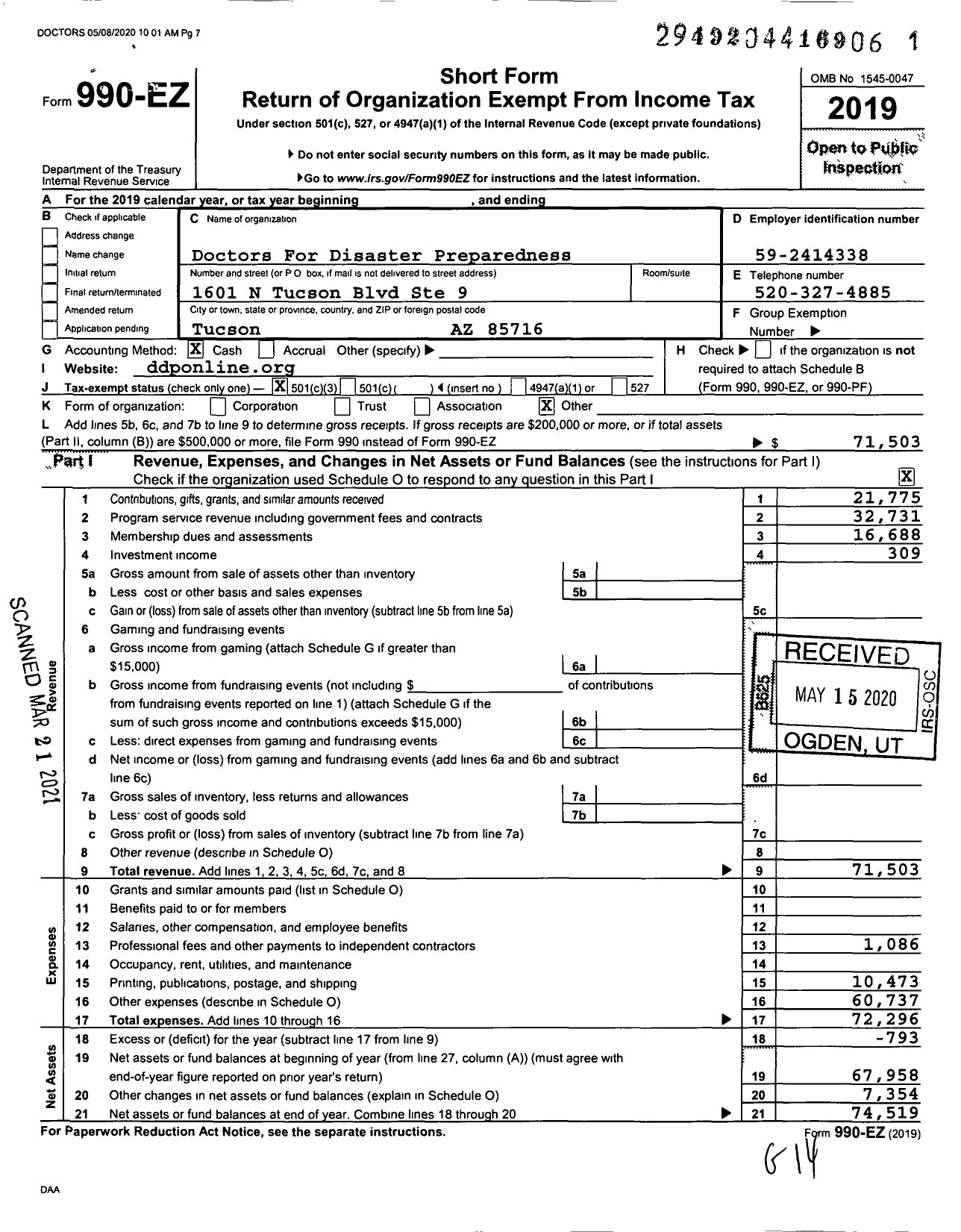 Image of first page of 2019 Form 990EZ for Doctors for Disaster Preparedness