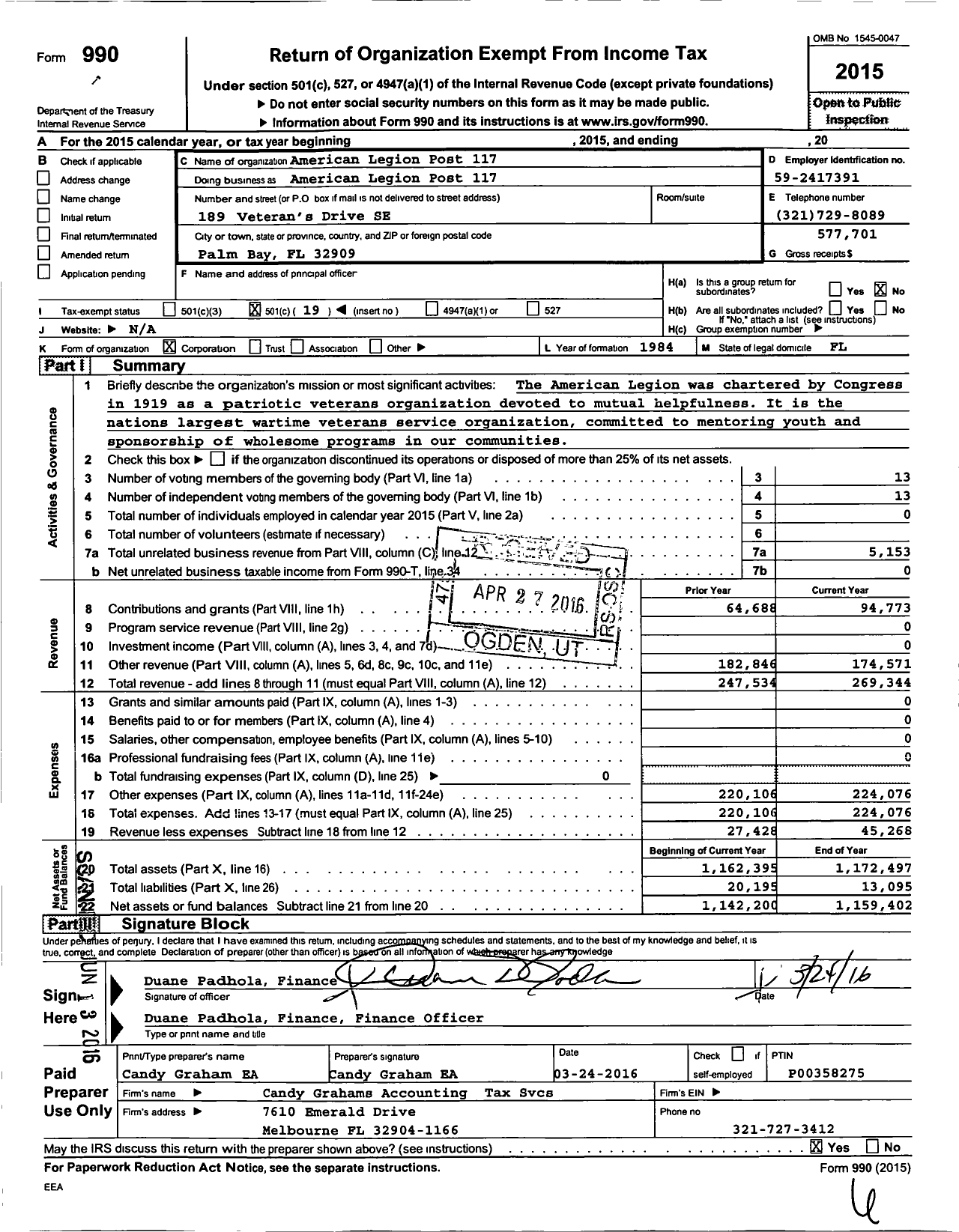 Image of first page of 2015 Form 990O for American Legion - Duane Podhola