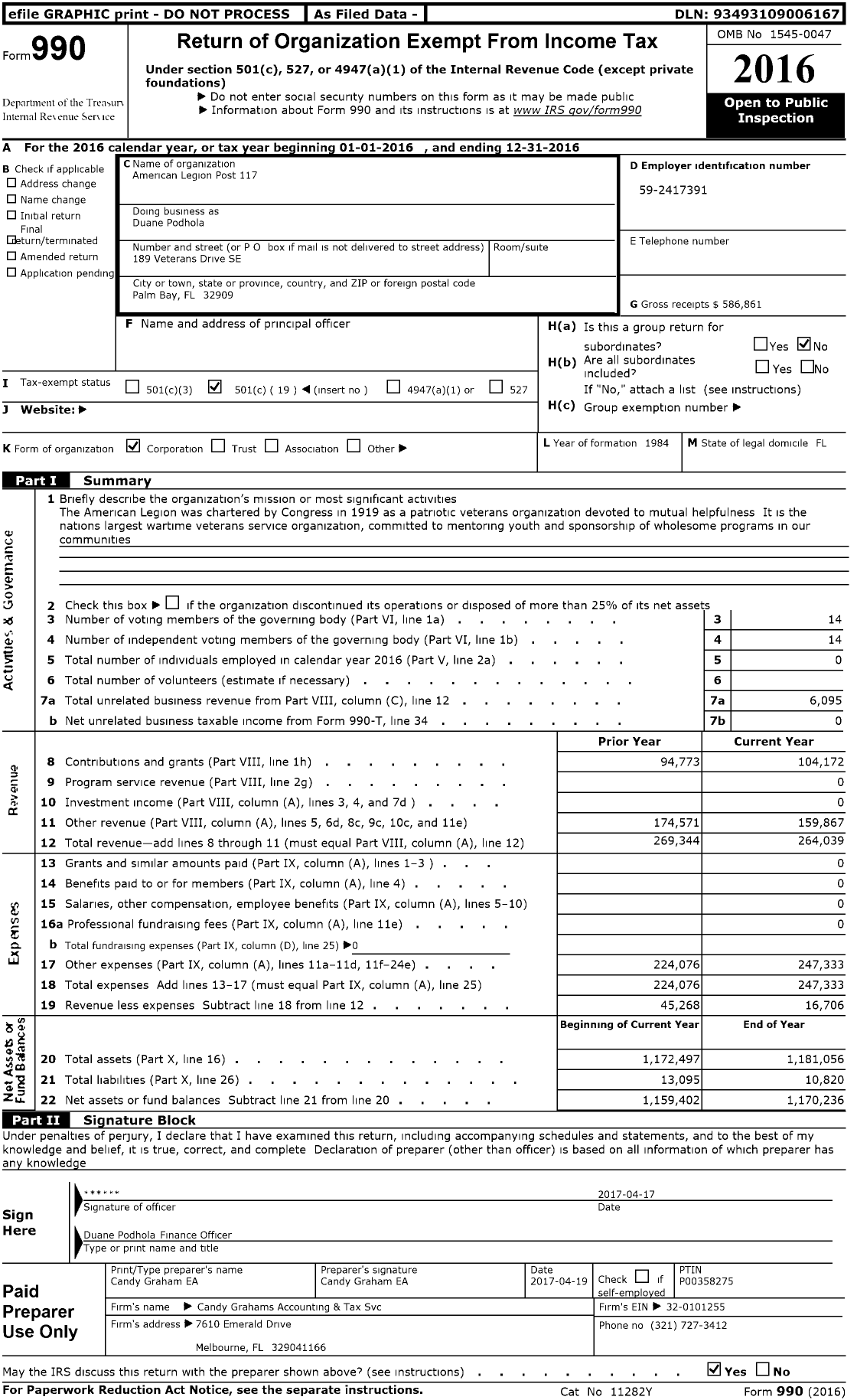 Image of first page of 2016 Form 990O for American Legion - Duane Podhola