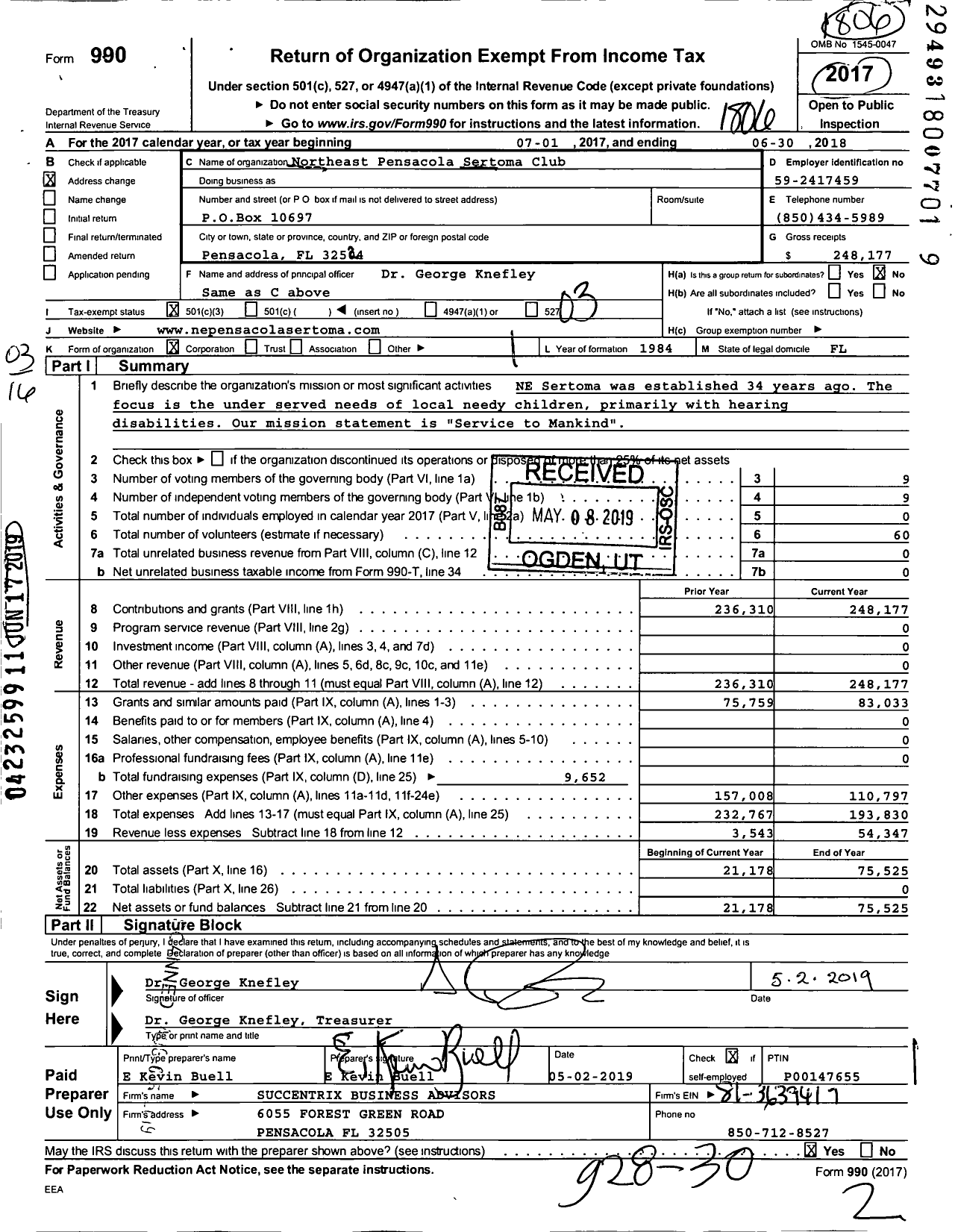 Image of first page of 2017 Form 990 for Northeast Pensacola Sertoma Club