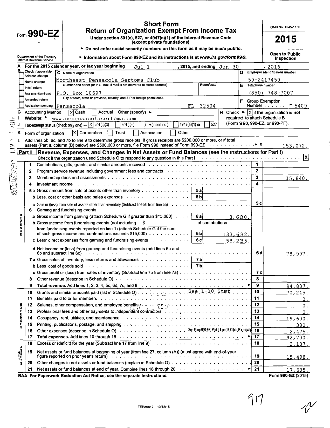 Image of first page of 2015 Form 990EZ for Northeast Pensacola Sertoma Club