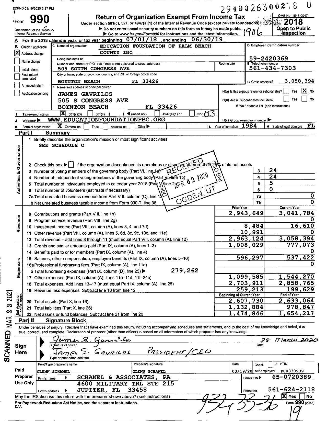 Image of first page of 2018 Form 990 for Education Foundation of Palm Beach County