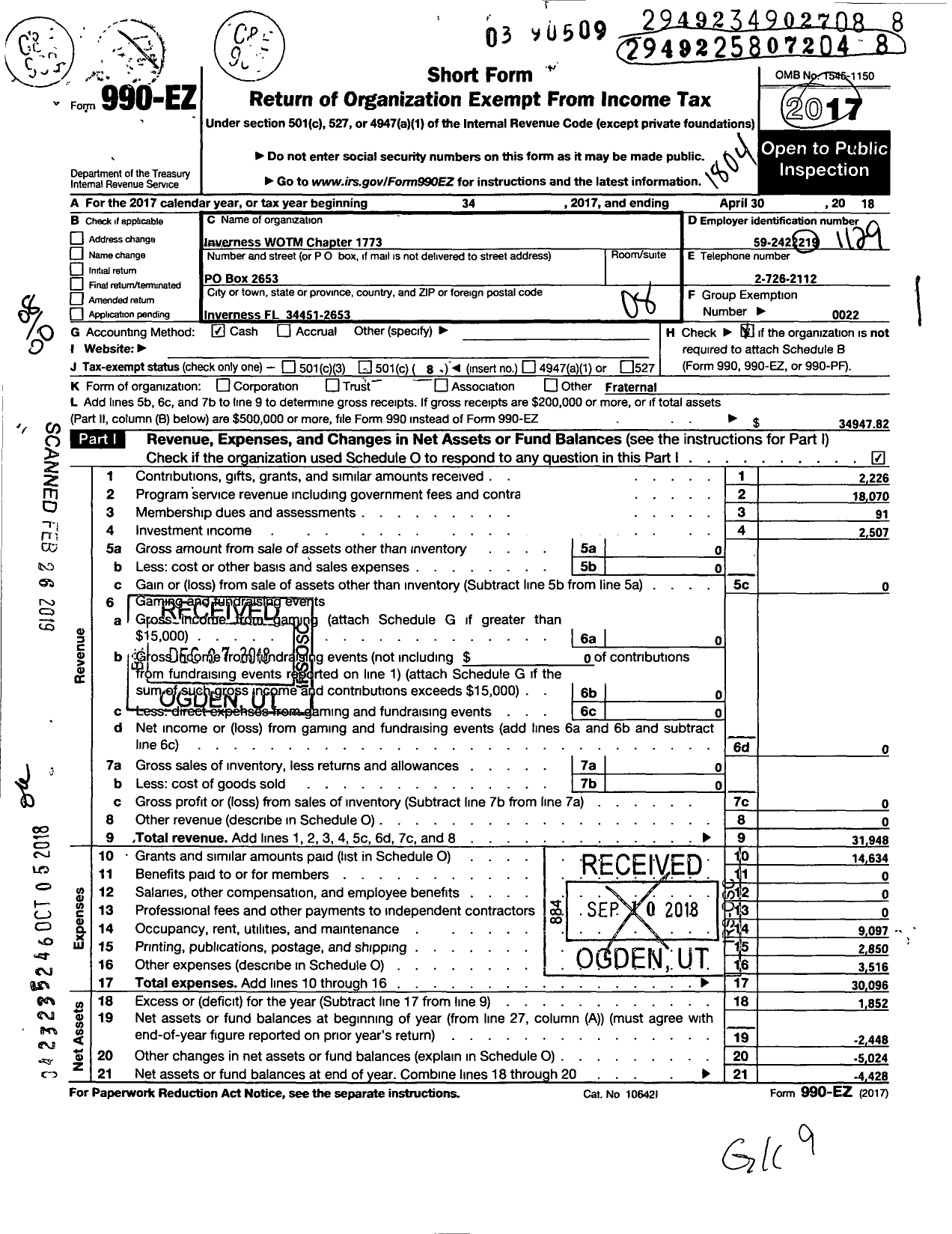 Image of first page of 2017 Form 990EO for Loyal Order of Moose - 1773