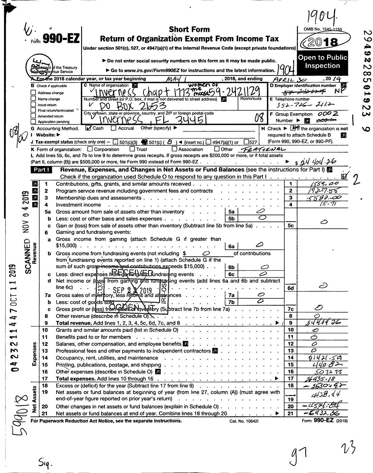 Image of first page of 2018 Form 990EO for Loyal Order of Moose - 1773