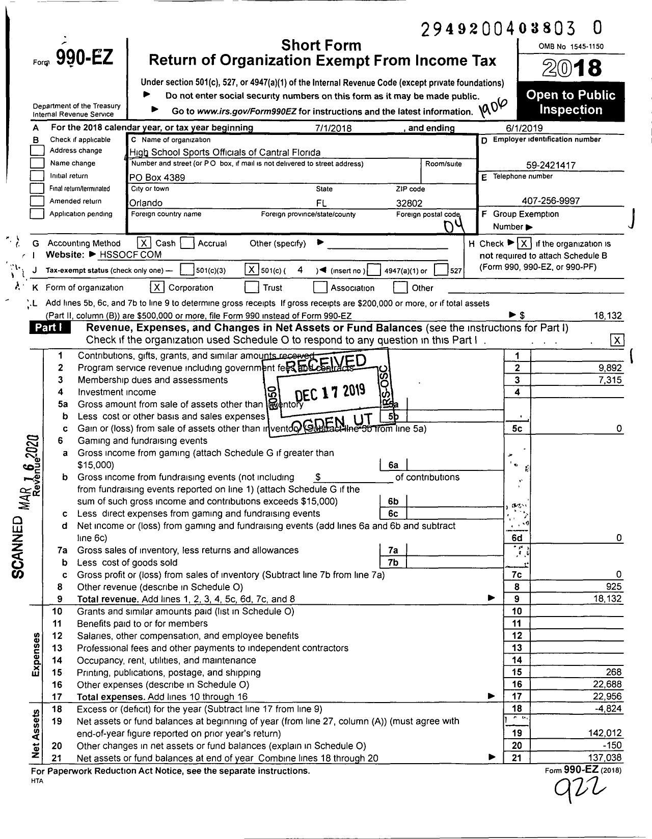 Image of first page of 2018 Form 990EO for High School Sports Officials of Cen