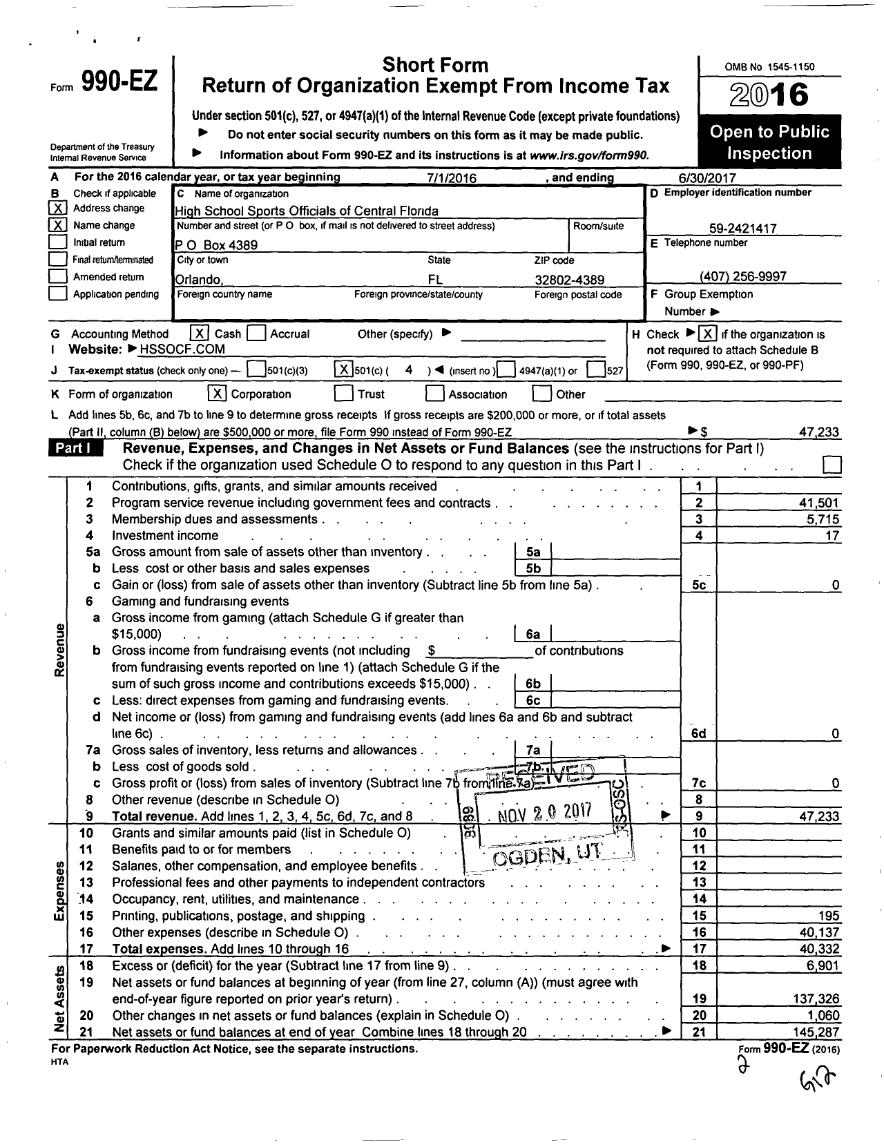 Image of first page of 2016 Form 990EO for High School Sports Officials of Cen