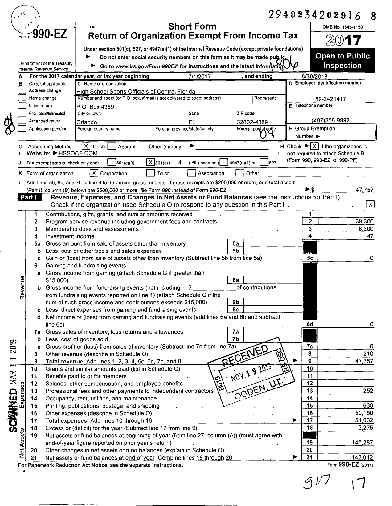 Image of first page of 2017 Form 990EO for High School Sports Officials of Cen