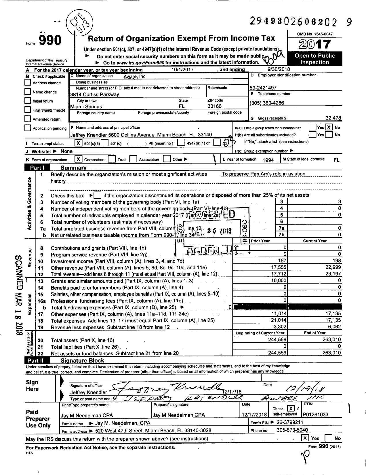 Image of first page of 2017 Form 990 for Aware