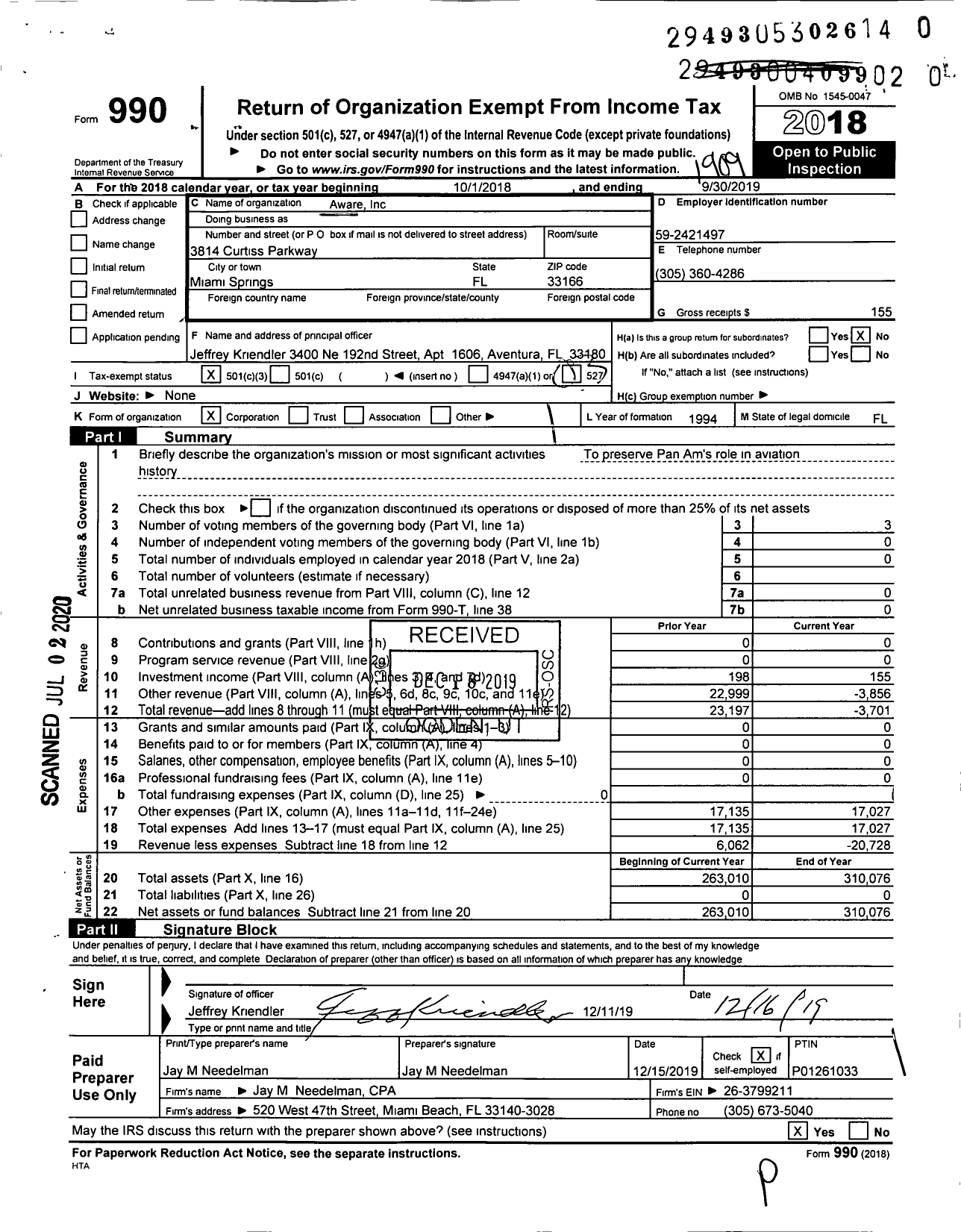 Image of first page of 2018 Form 990 for Aware