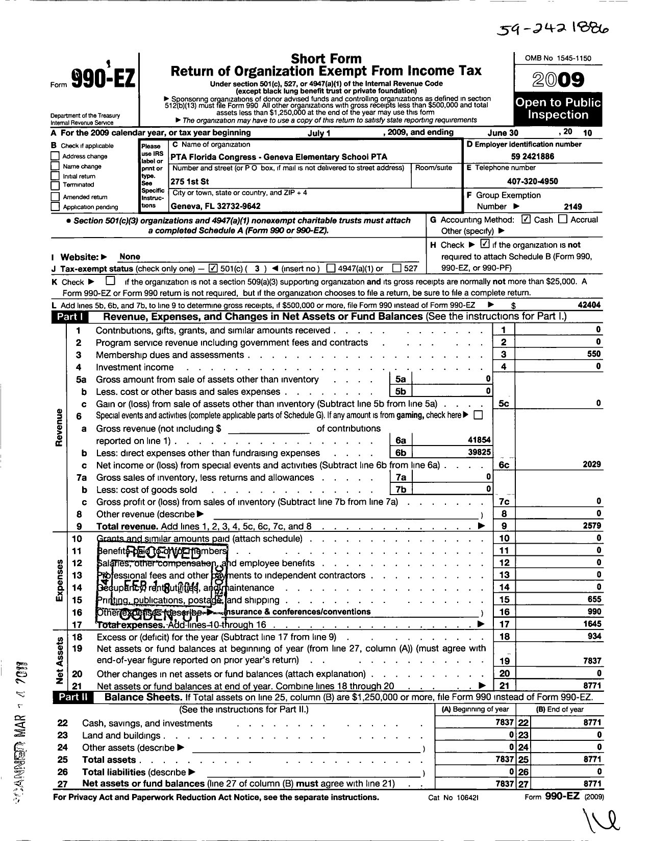 Image of first page of 2009 Form 990EZ for PTA Florida Congress - Geneva Elementary School PTA