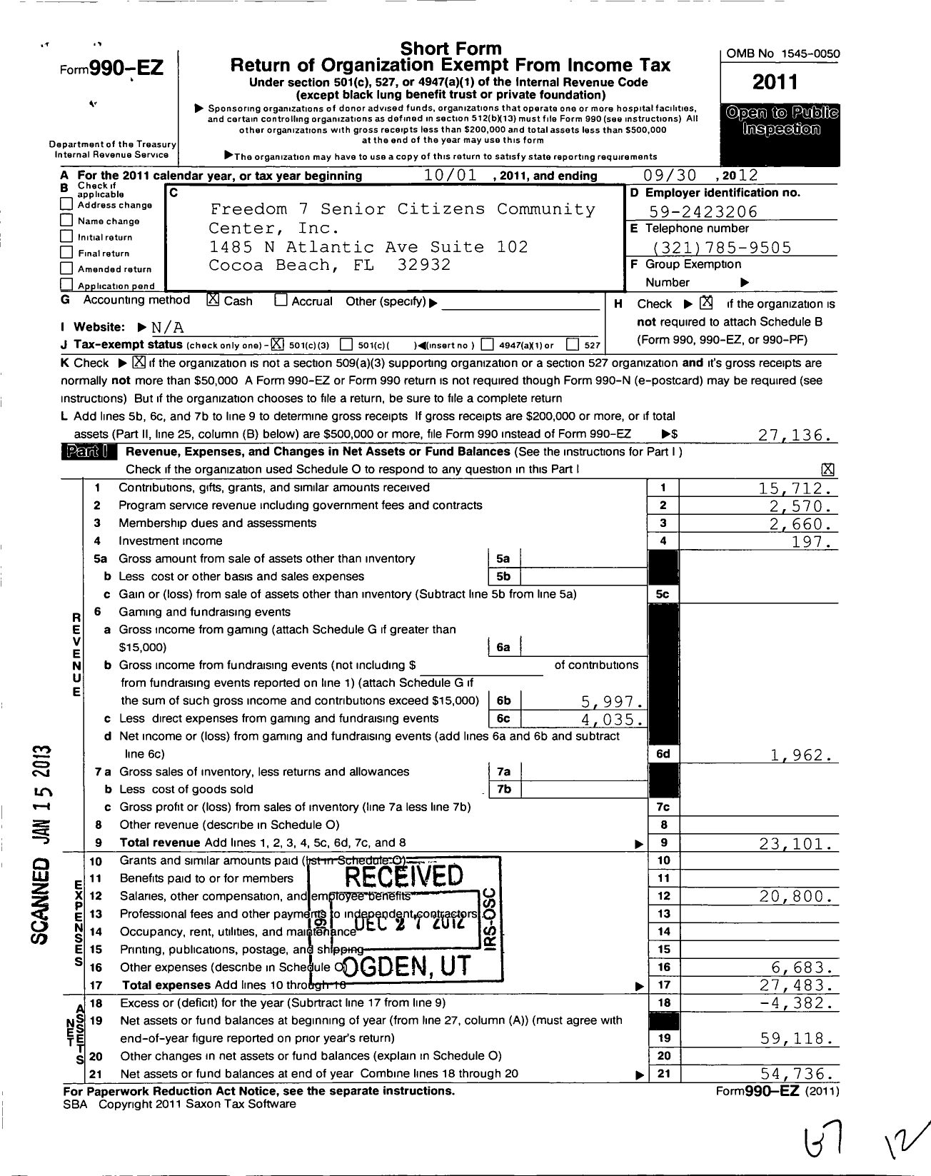 Image of first page of 2011 Form 990EZ for Freedom Seven Senior Citizens Community Center