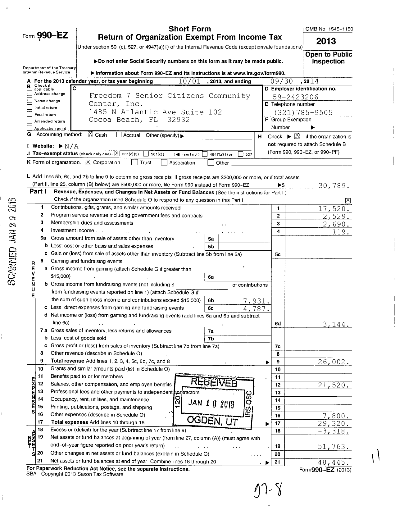Image of first page of 2013 Form 990EZ for Freedom Seven Senior Citizens Community Center
