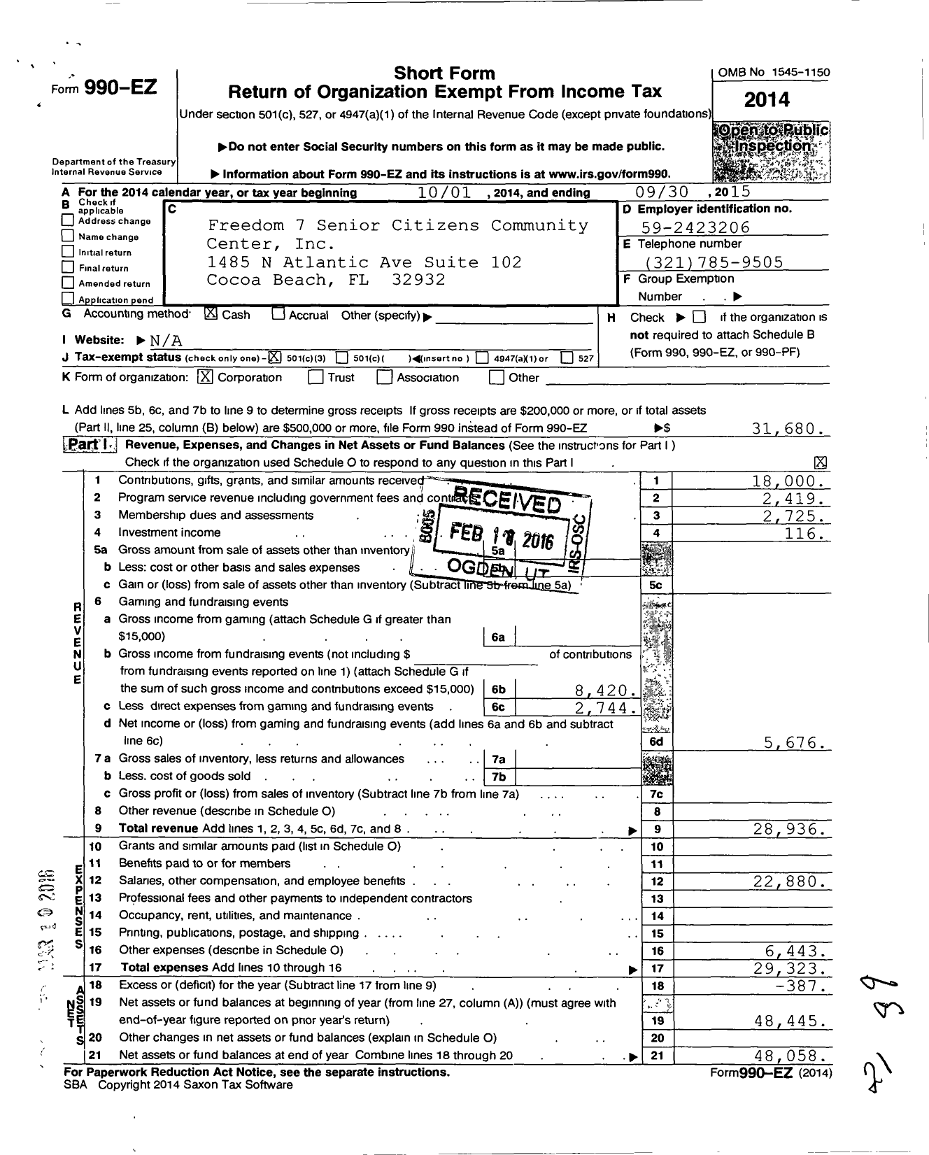 Image of first page of 2014 Form 990EZ for Freedom Seven Senior Citizens Community Center