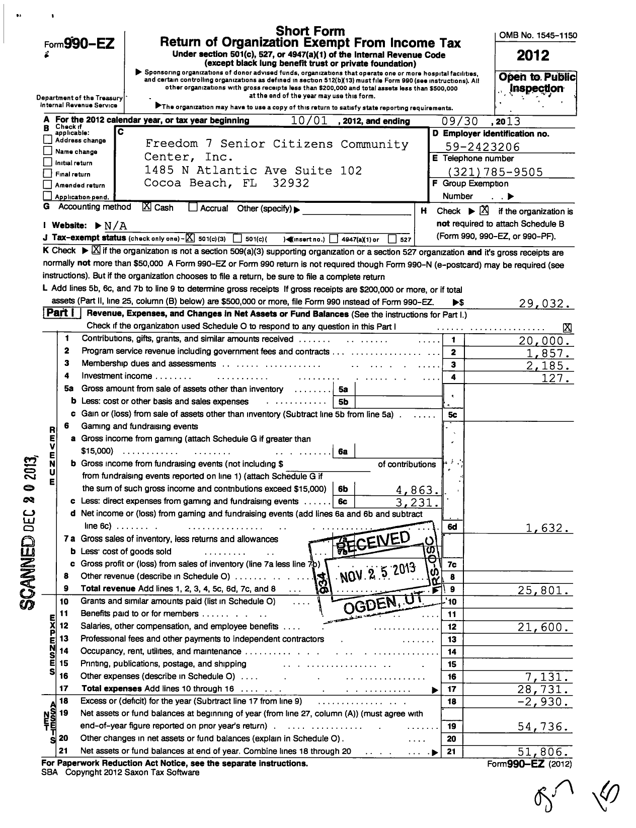 Image of first page of 2012 Form 990EZ for Freedom Seven Senior Citizens Community Center