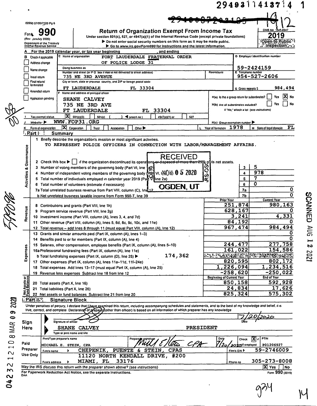 Image of first page of 2019 Form 990O for Fraternal Order of Police - 31 FT Launderdale F O P Lodge