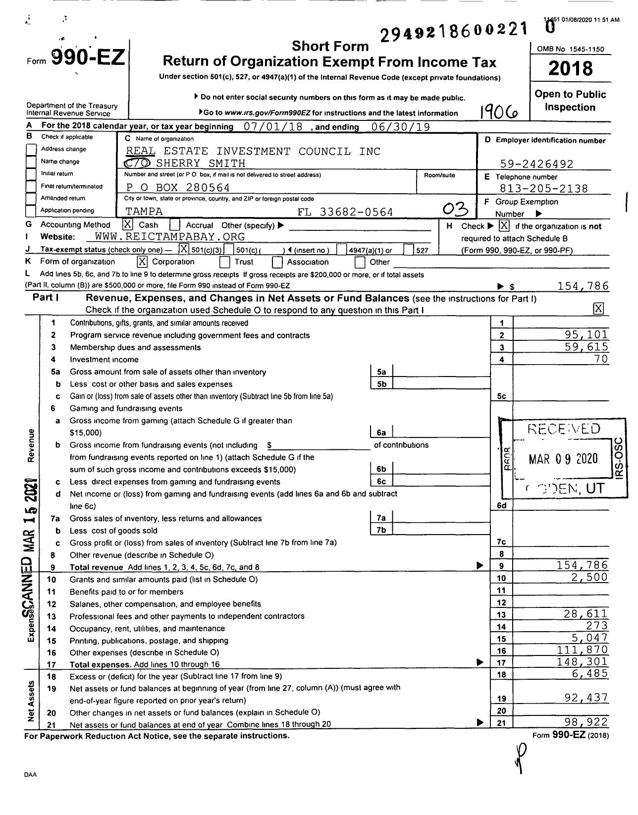 Image of first page of 2018 Form 990EZ for Real Estate Investment Council