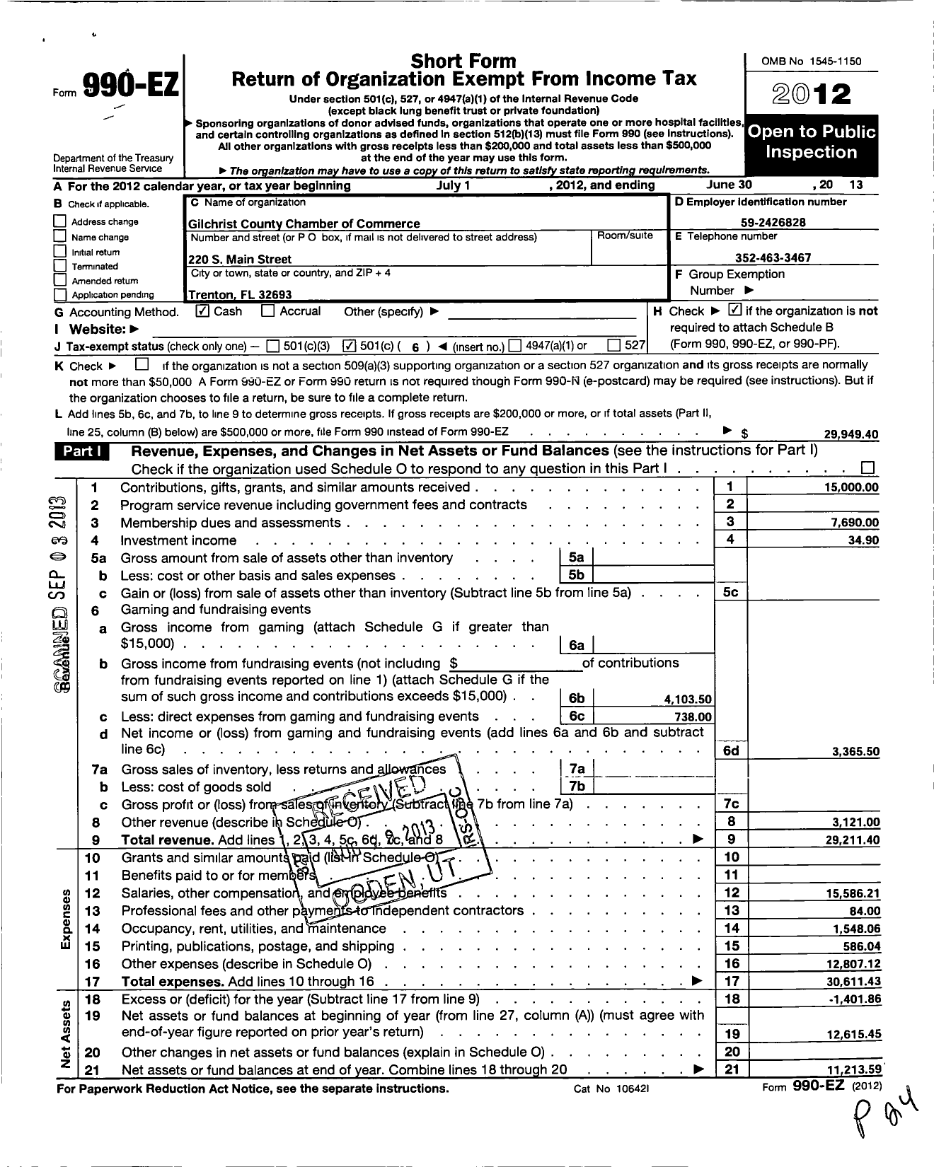 Image of first page of 2012 Form 990EO for Gilchrist County Chamber of Commerce