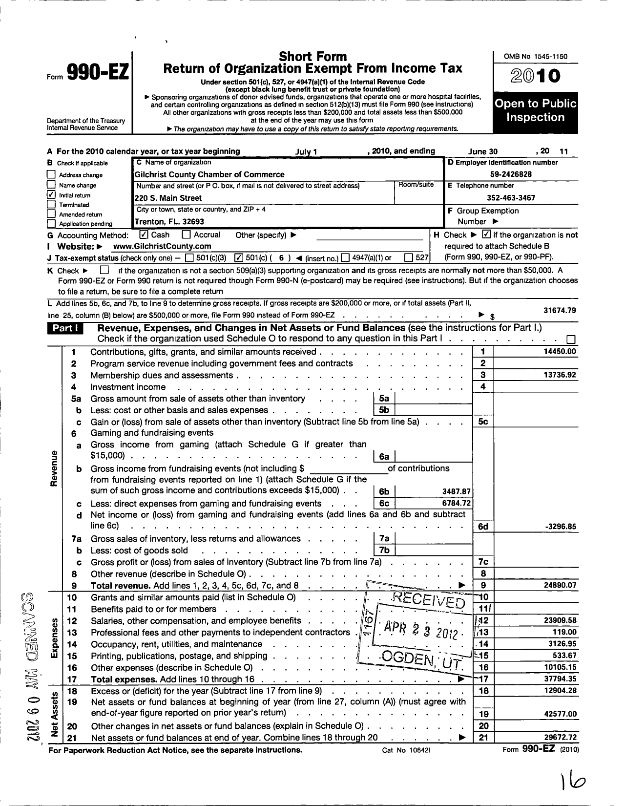 Image of first page of 2010 Form 990EO for Gilchrist County Chamber of Commerce