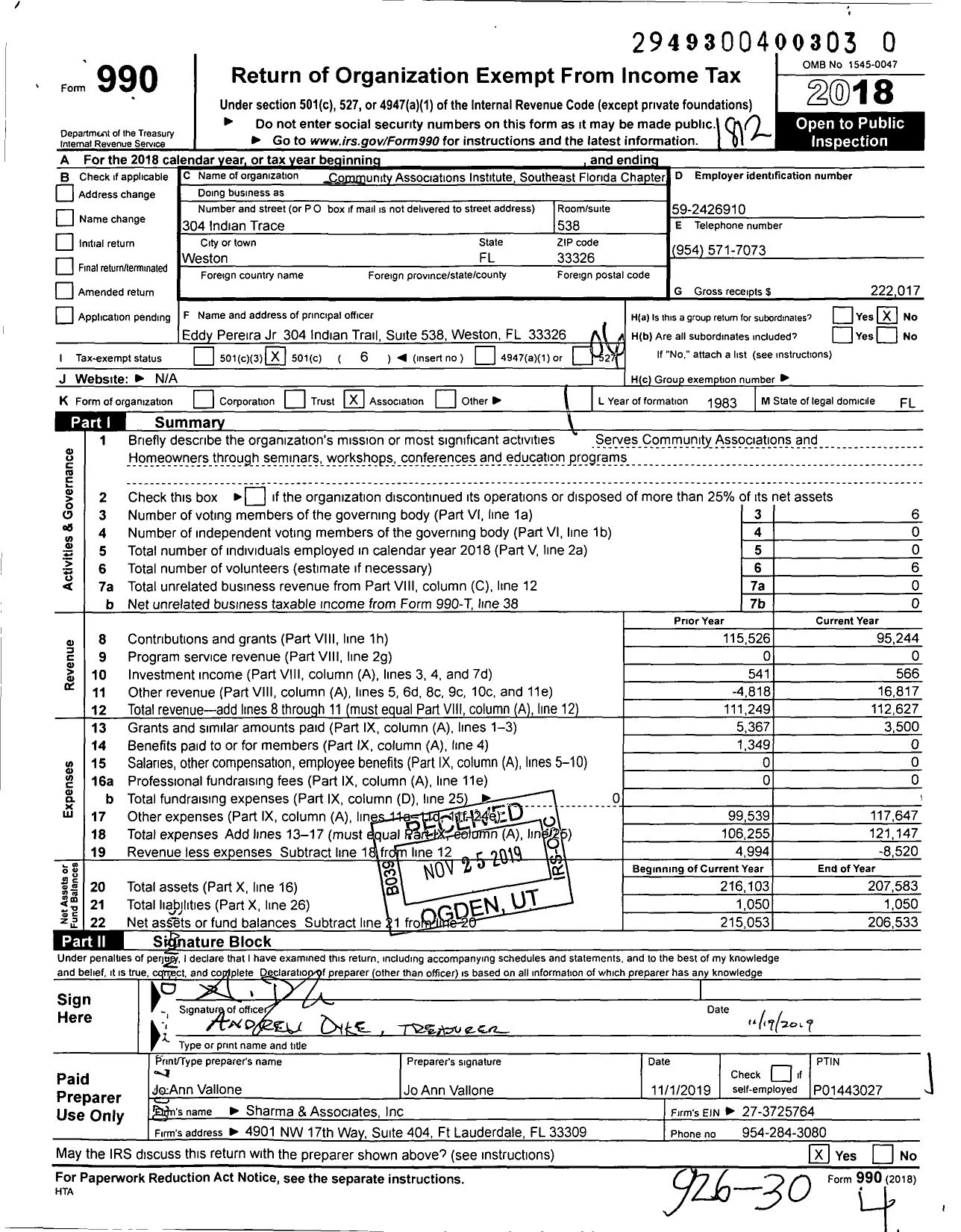 Image of first page of 2018 Form 990O for Community Associations Institute Southeast Florida Chapter