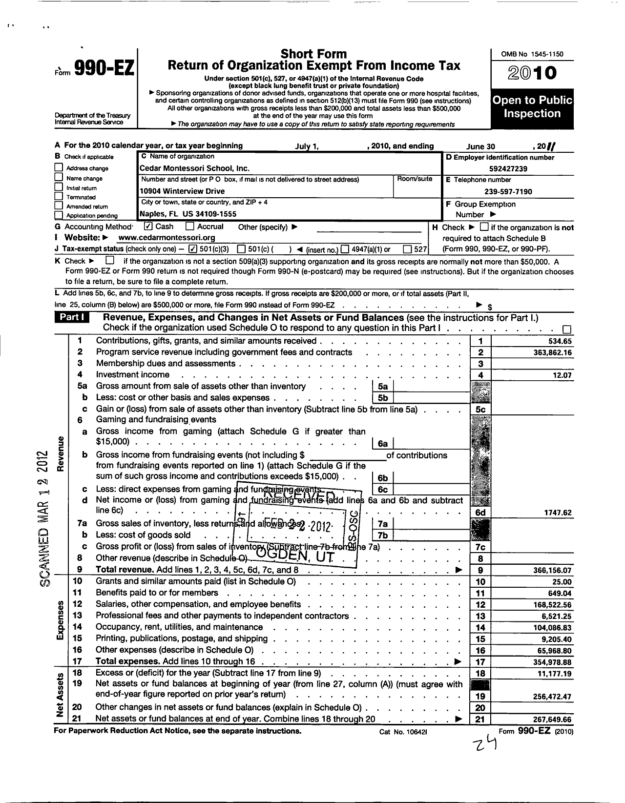 Image of first page of 2010 Form 990EZ for Cedar Montessori School Incorporated