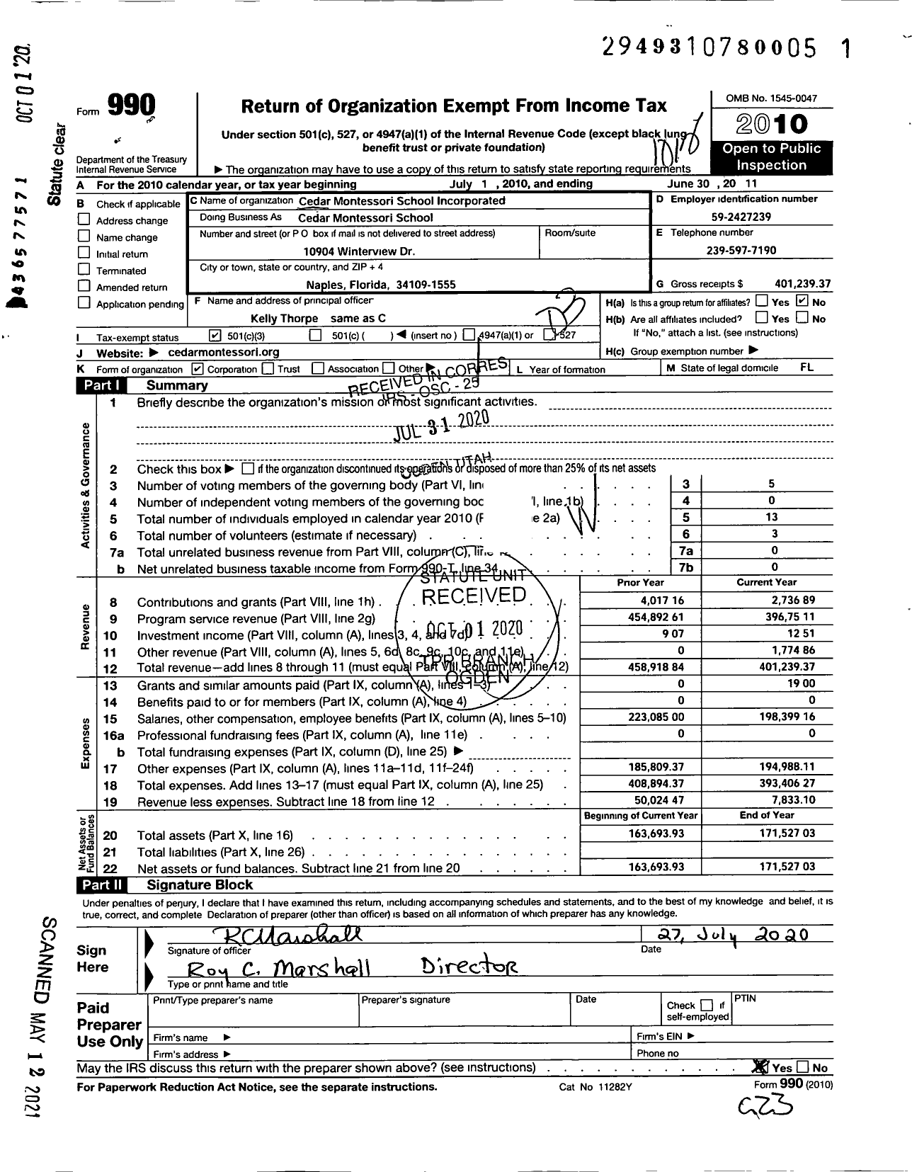 Image of first page of 2010 Form 990 for Cedar Montessori School Incorporated