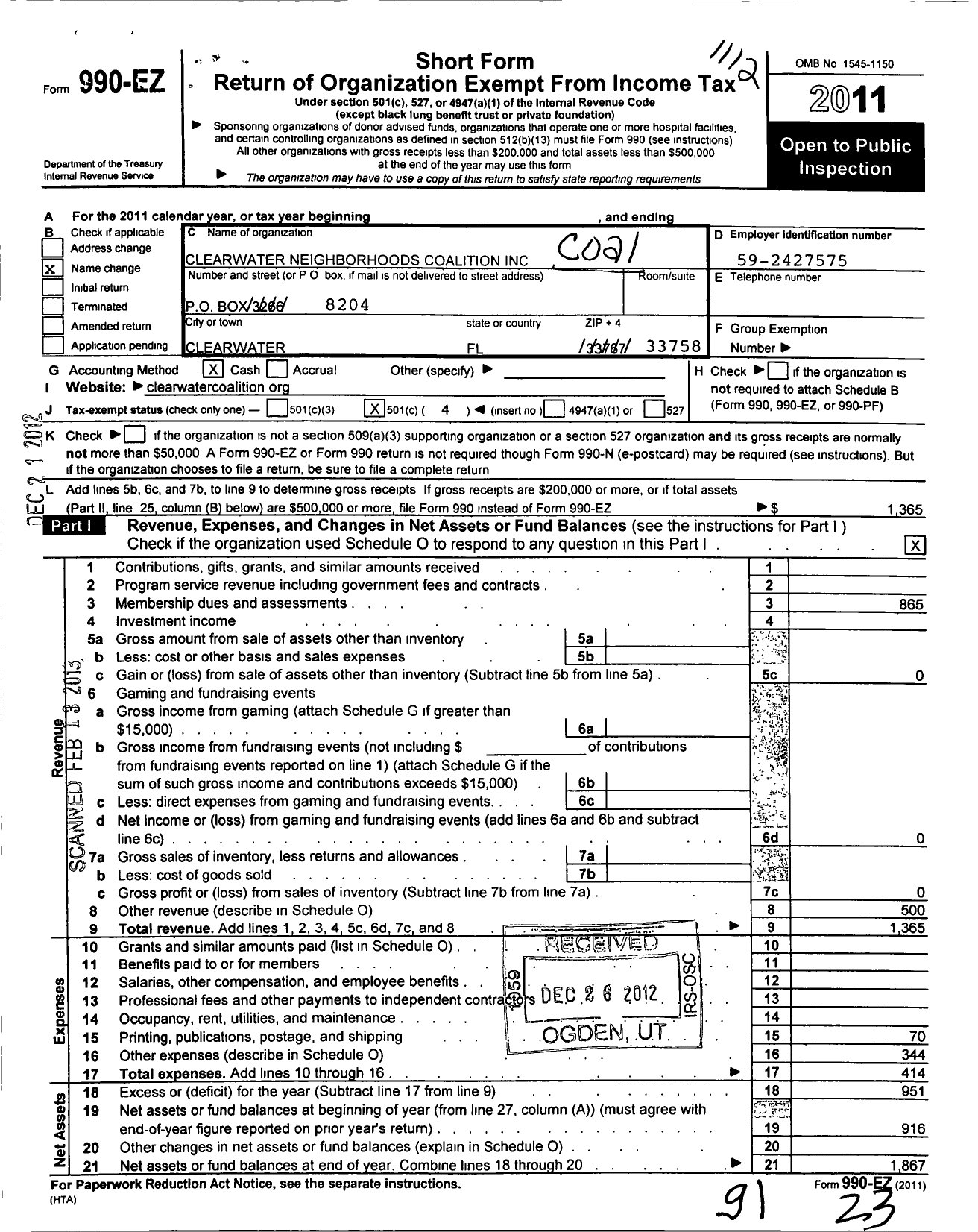 Image of first page of 2011 Form 990EO for Clearwater Neighborhoods Coalition