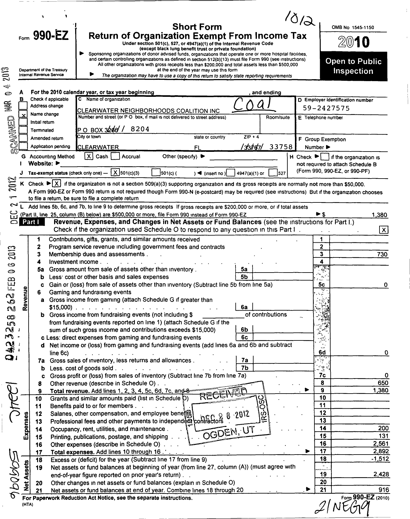 Image of first page of 2010 Form 990EZ for Clearwater Neighborhoods Coalition