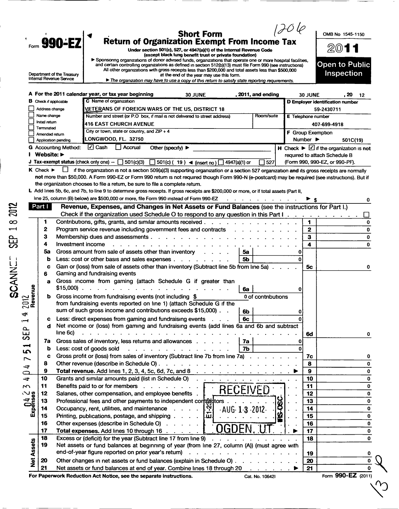 Image of first page of 2011 Form 990EO for VFW Department of Florida - District 18