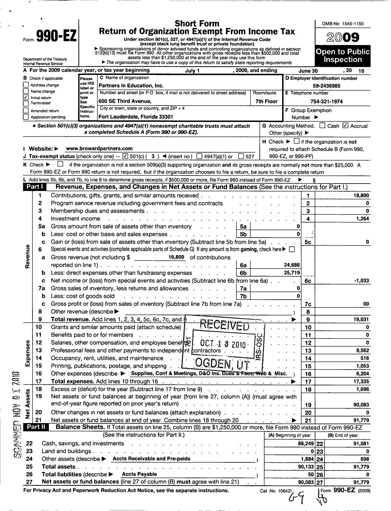 Image of first page of 2009 Form 990EZ for Partners in Education