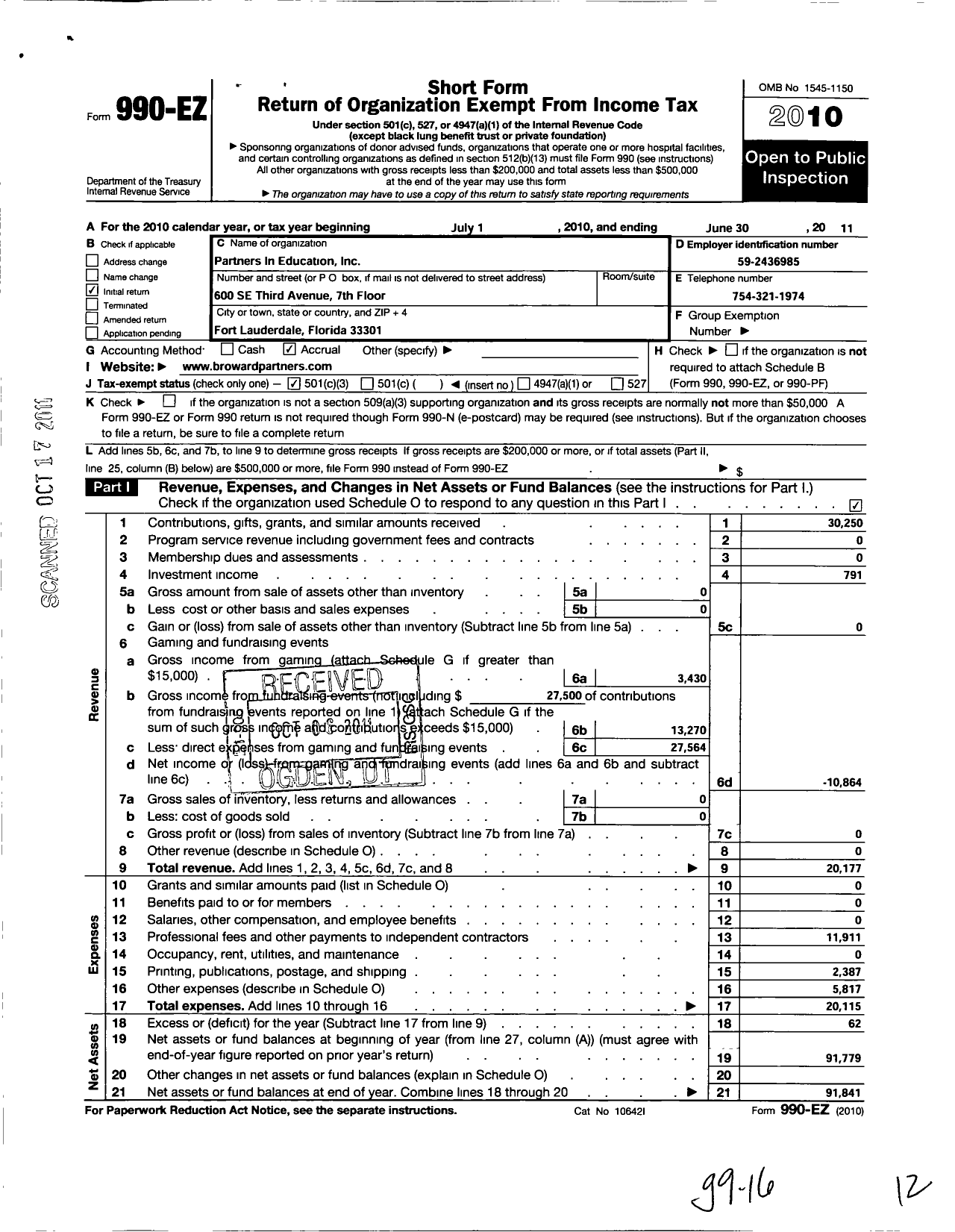 Image of first page of 2010 Form 990EZ for Partners in Education