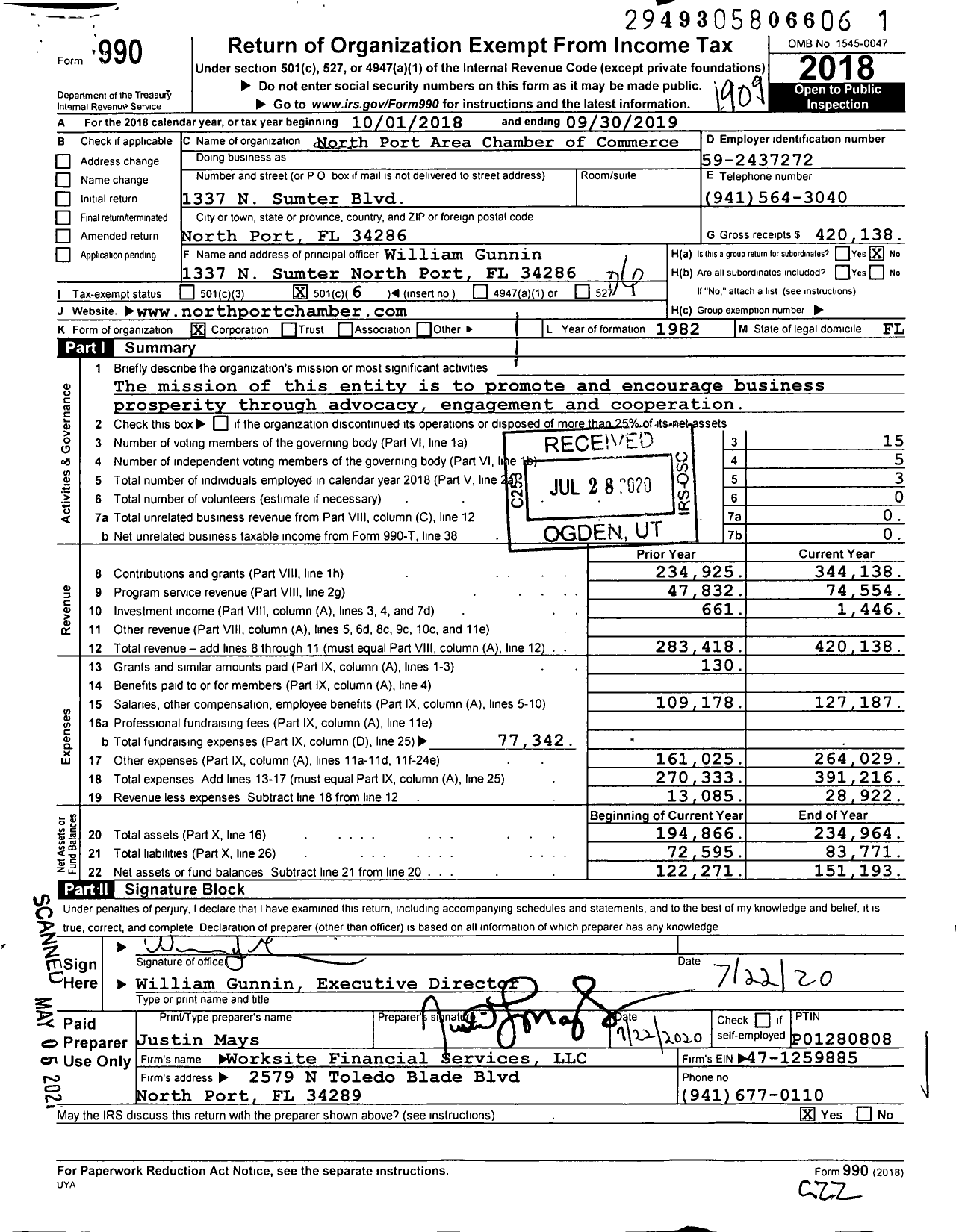 Image of first page of 2018 Form 990O for North Port Area Chamber of Commerce