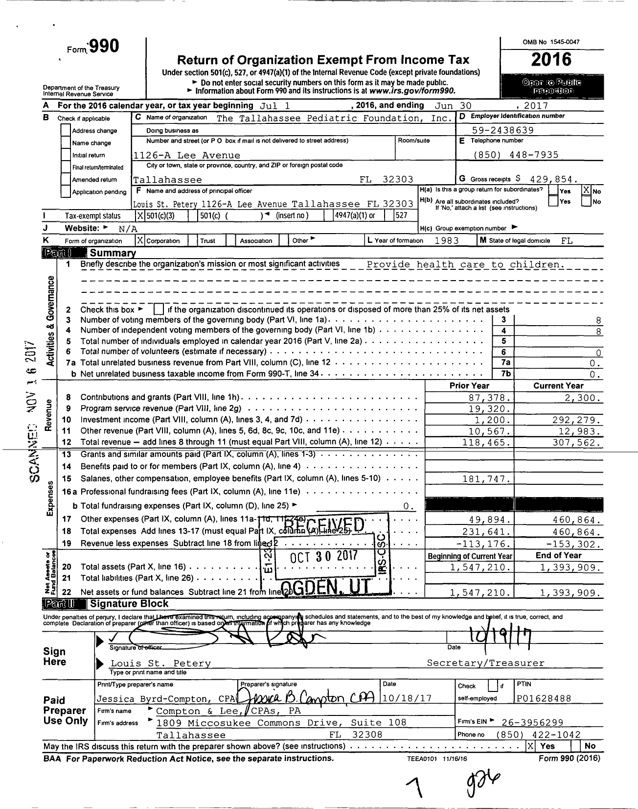 Image of first page of 2016 Form 990 for The Tallahassee Pediatric Foundation