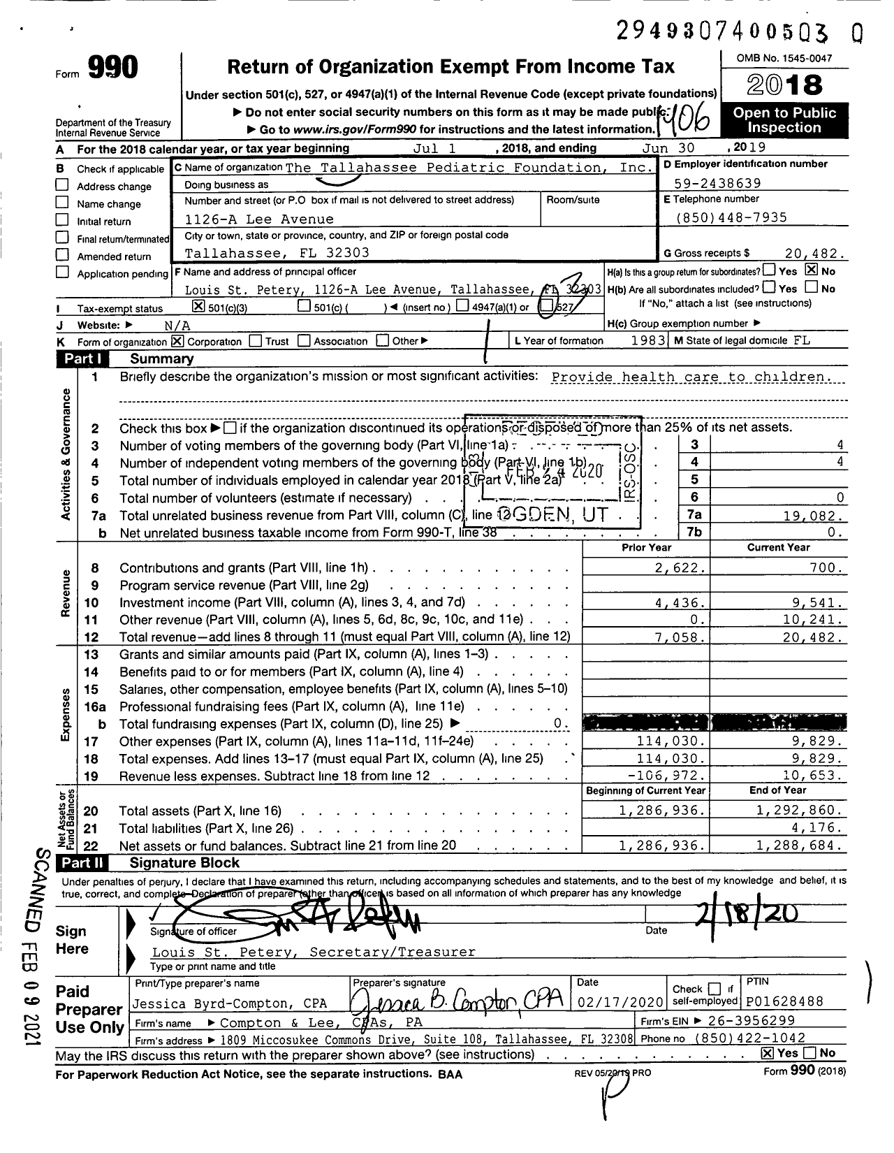 Image of first page of 2018 Form 990 for The Tallahassee Pediatric Foundation