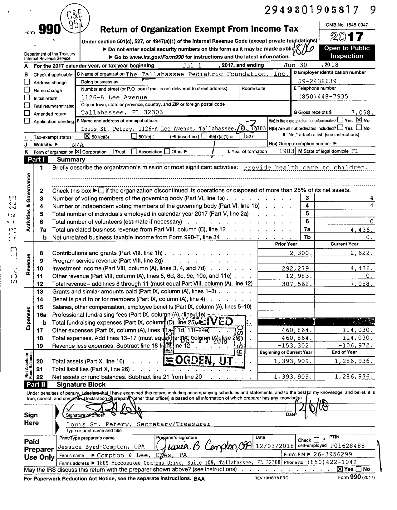 Image of first page of 2017 Form 990 for The Tallahassee Pediatric Foundation