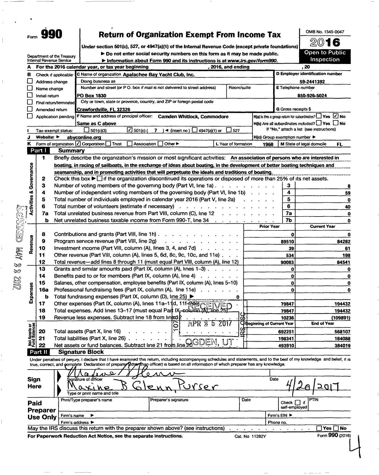 Image of first page of 2016 Form 990O for Apalachee Bay Yacht Club