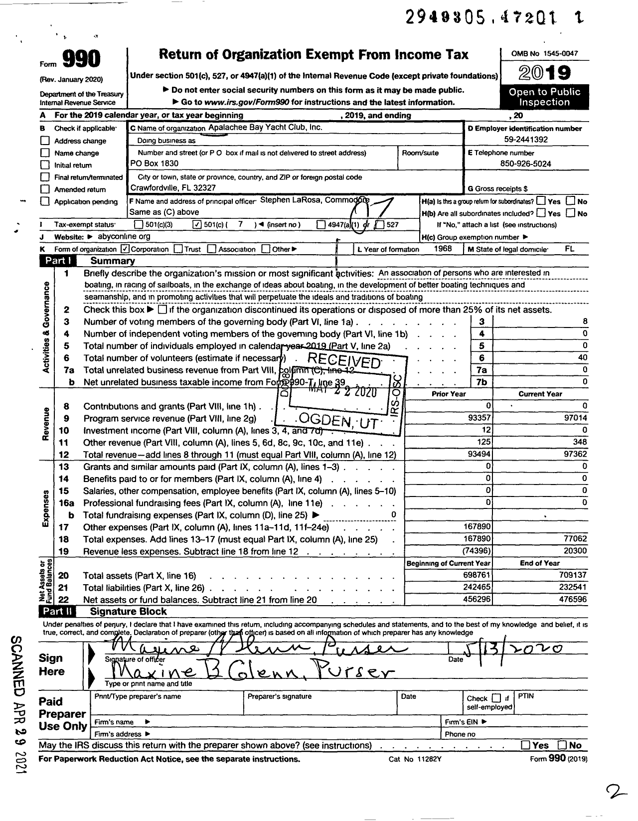 Image of first page of 2019 Form 990O for Apalachee Bay Yacht Club