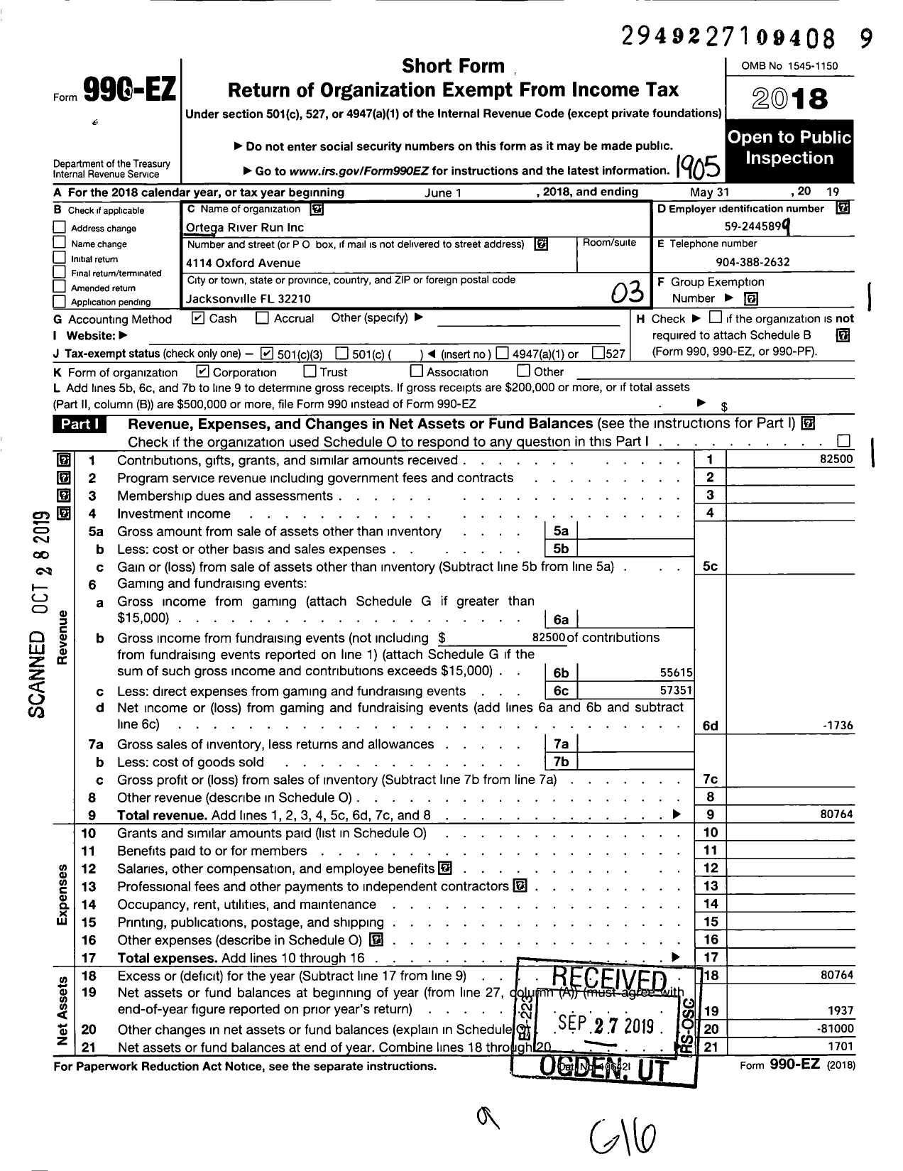 Image of first page of 2018 Form 990EZ for Ortega River Run