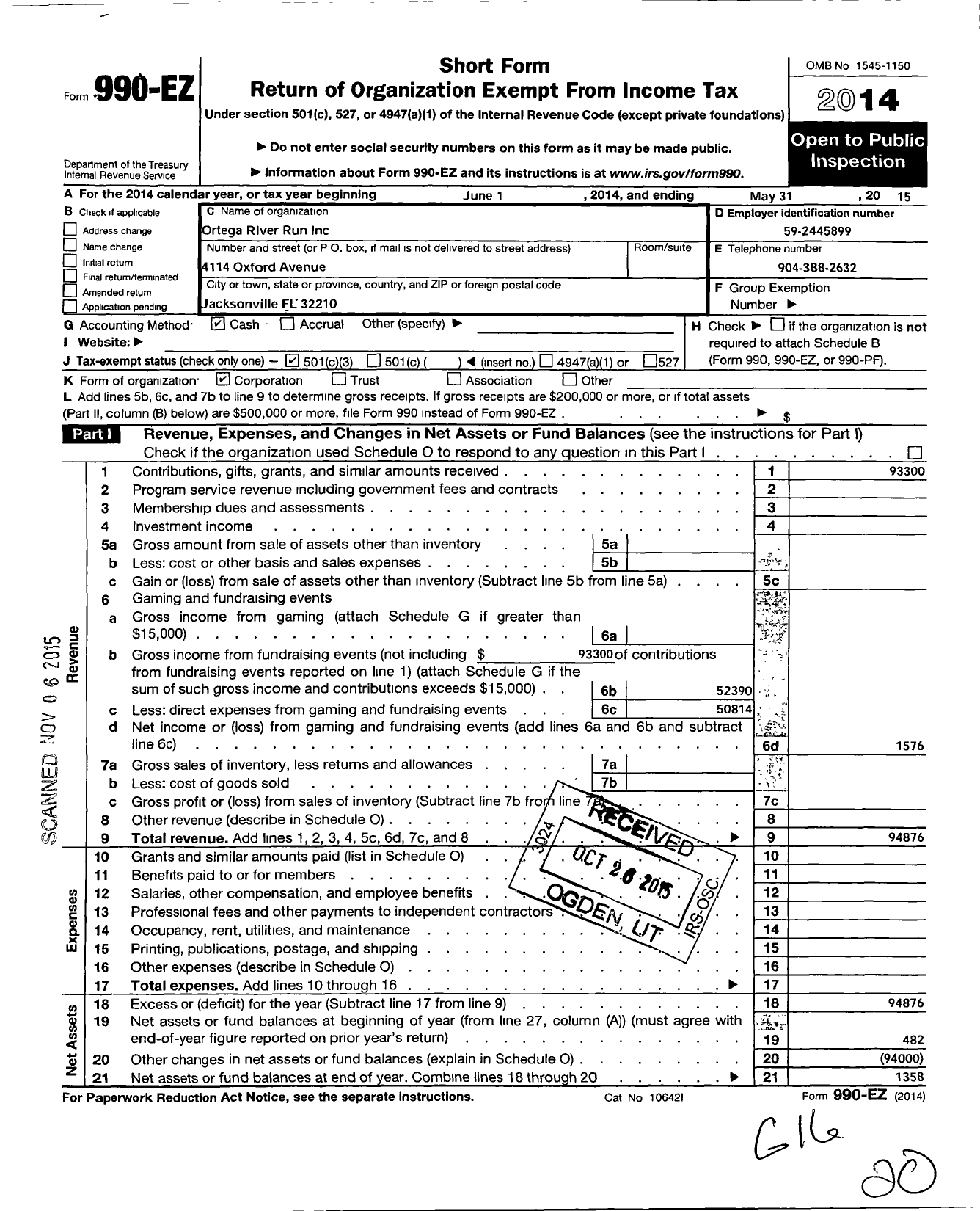 Image of first page of 2014 Form 990EZ for Ortega River Run