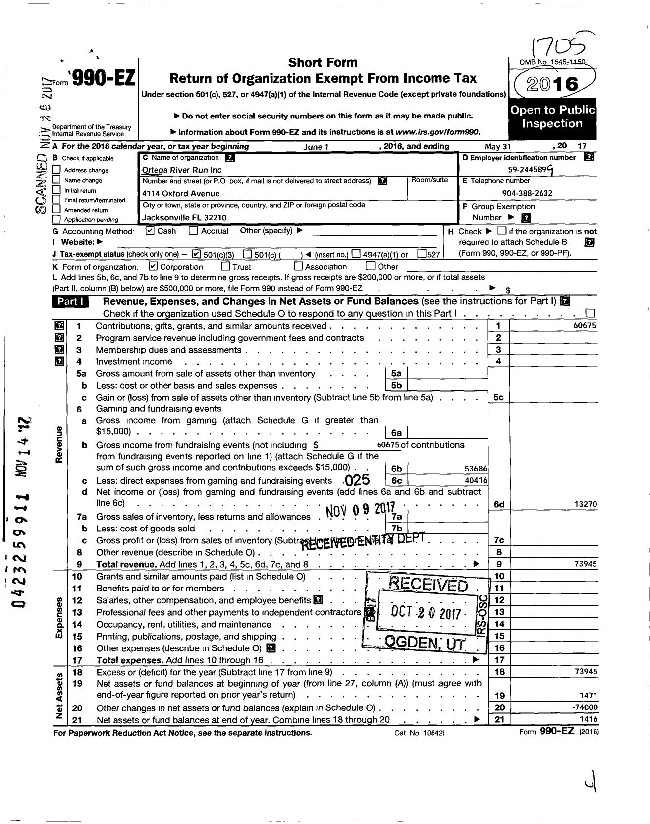 Image of first page of 2016 Form 990EZ for Ortega River Run