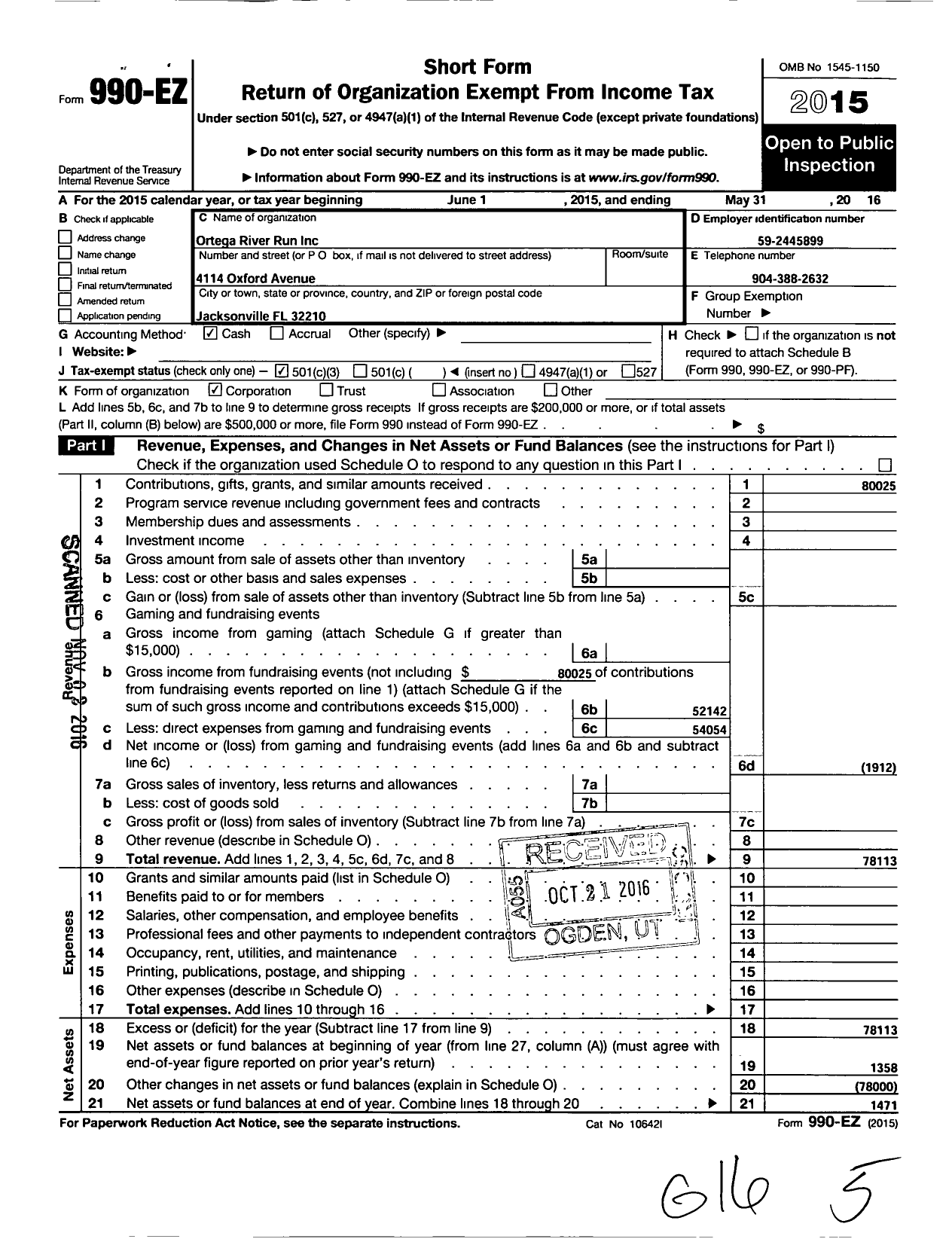 Image of first page of 2015 Form 990EZ for Ortega River Run