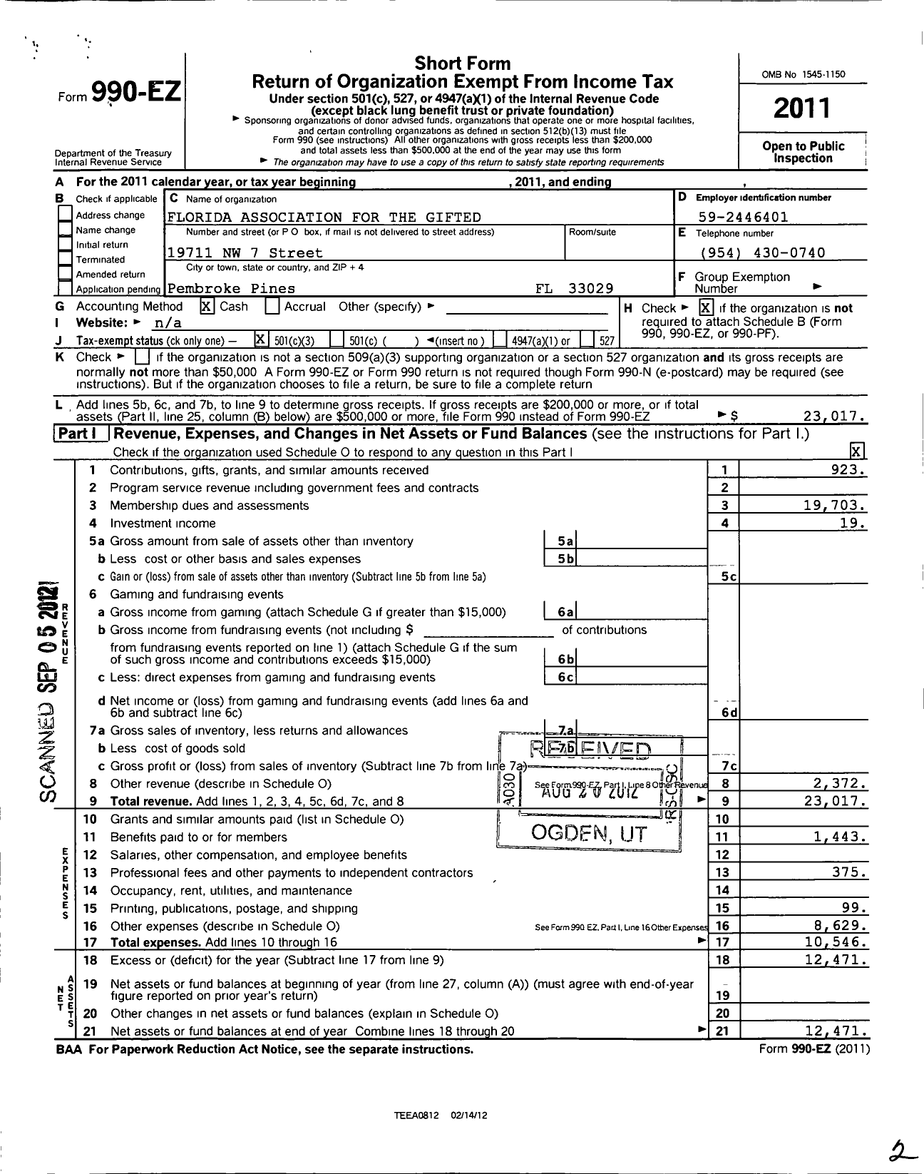 Image of first page of 2011 Form 990EZ for Florida Association for the Gifted