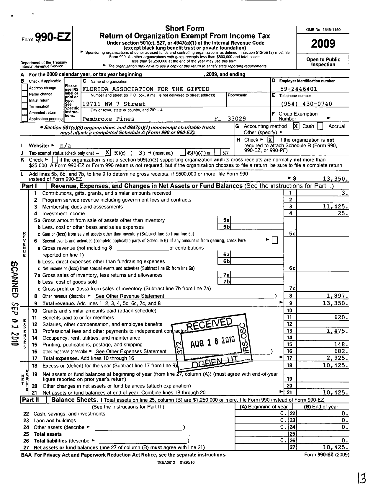 Image of first page of 2009 Form 990EZ for Florida Association for the Gifted