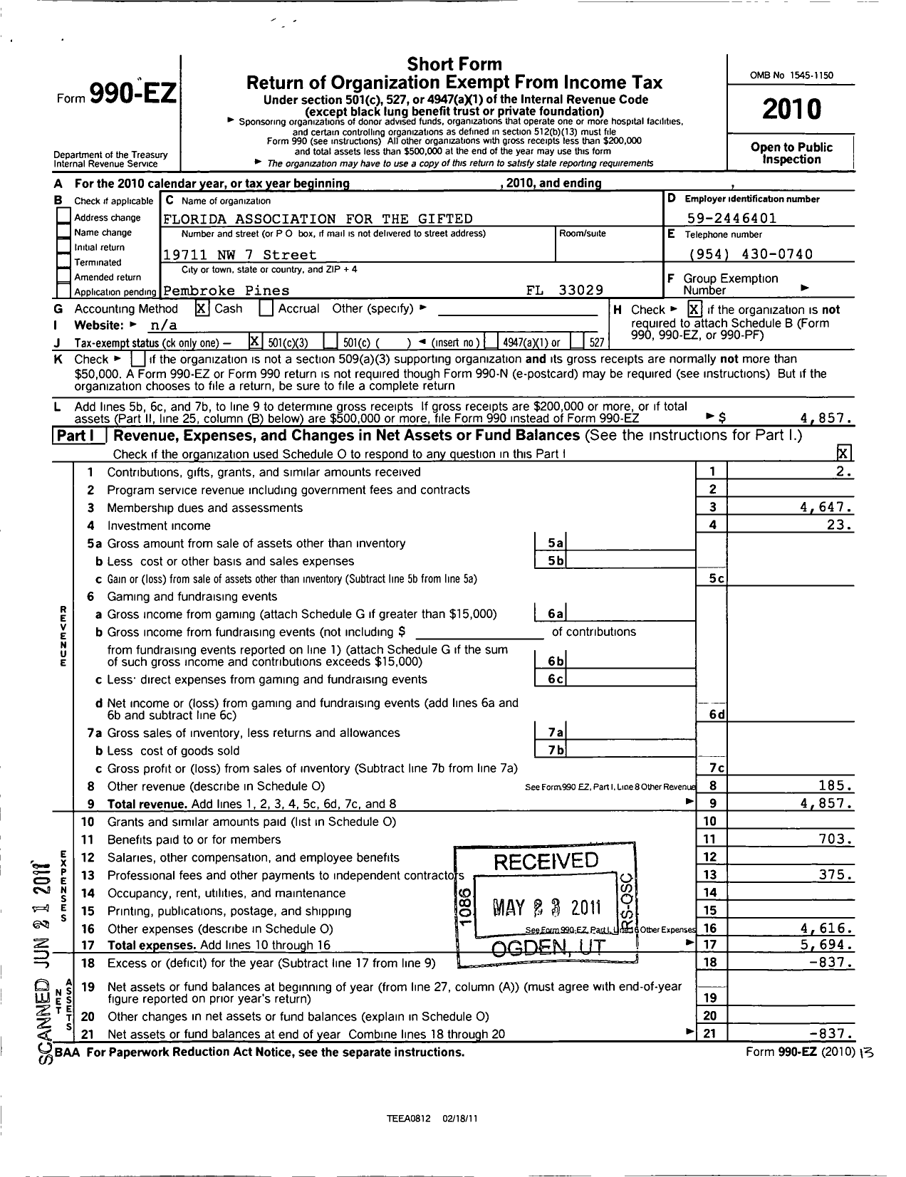 Image of first page of 2010 Form 990EZ for Florida Association for the Gifted