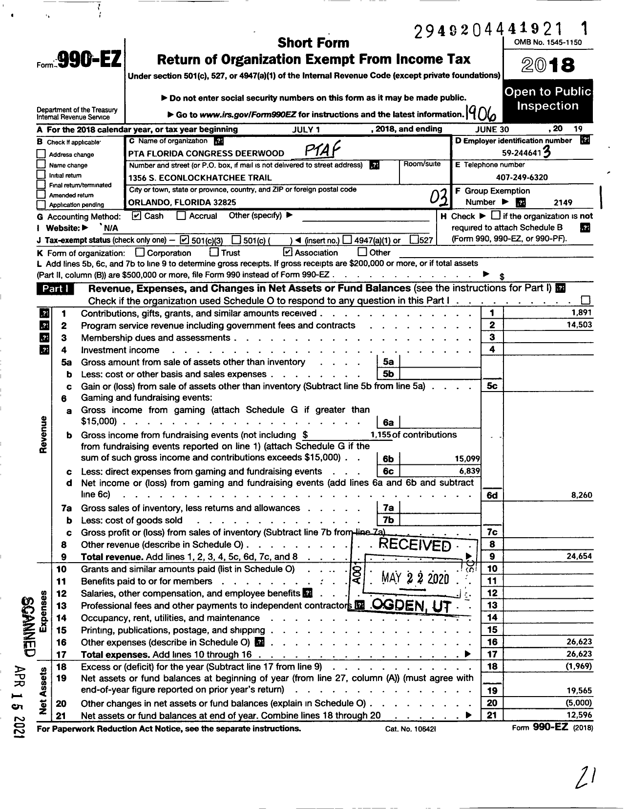 Image of first page of 2018 Form 990EZ for PTA Florida Congress - Deerwood Elementary School PTA