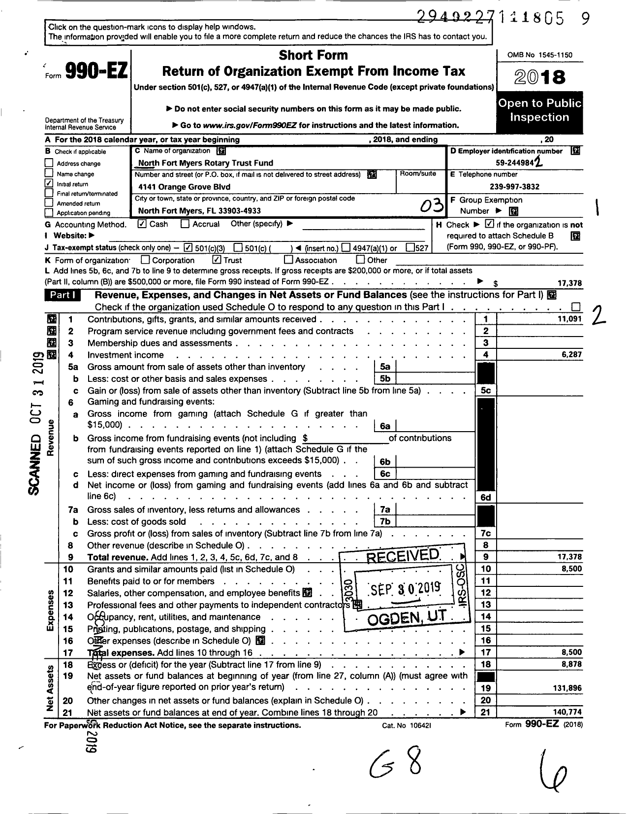 Image of first page of 2018 Form 990EZ for North Fort Myers Rotary Trust Fund