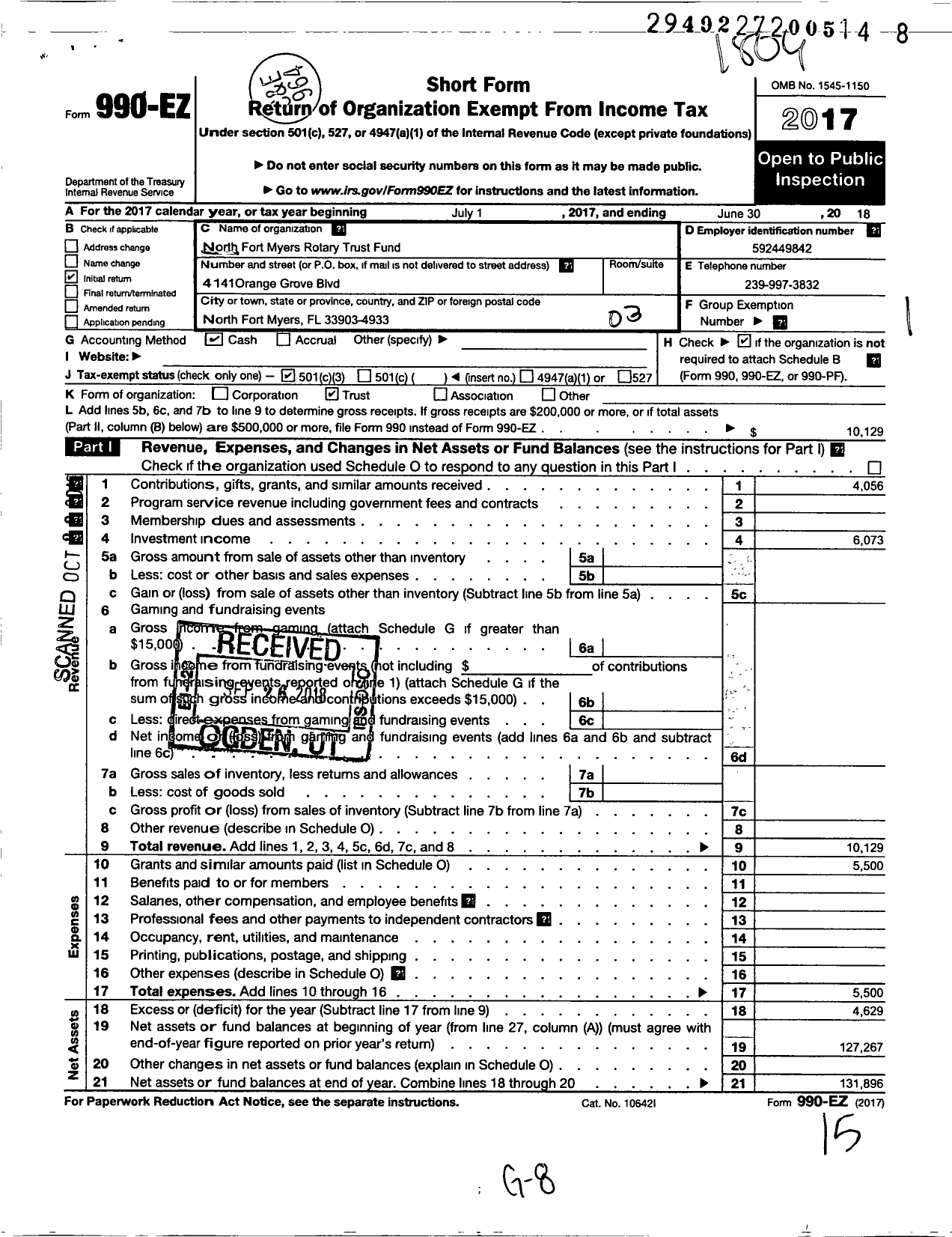 Image of first page of 2017 Form 990EZ for North Fort Myers Rotary Trust Fund