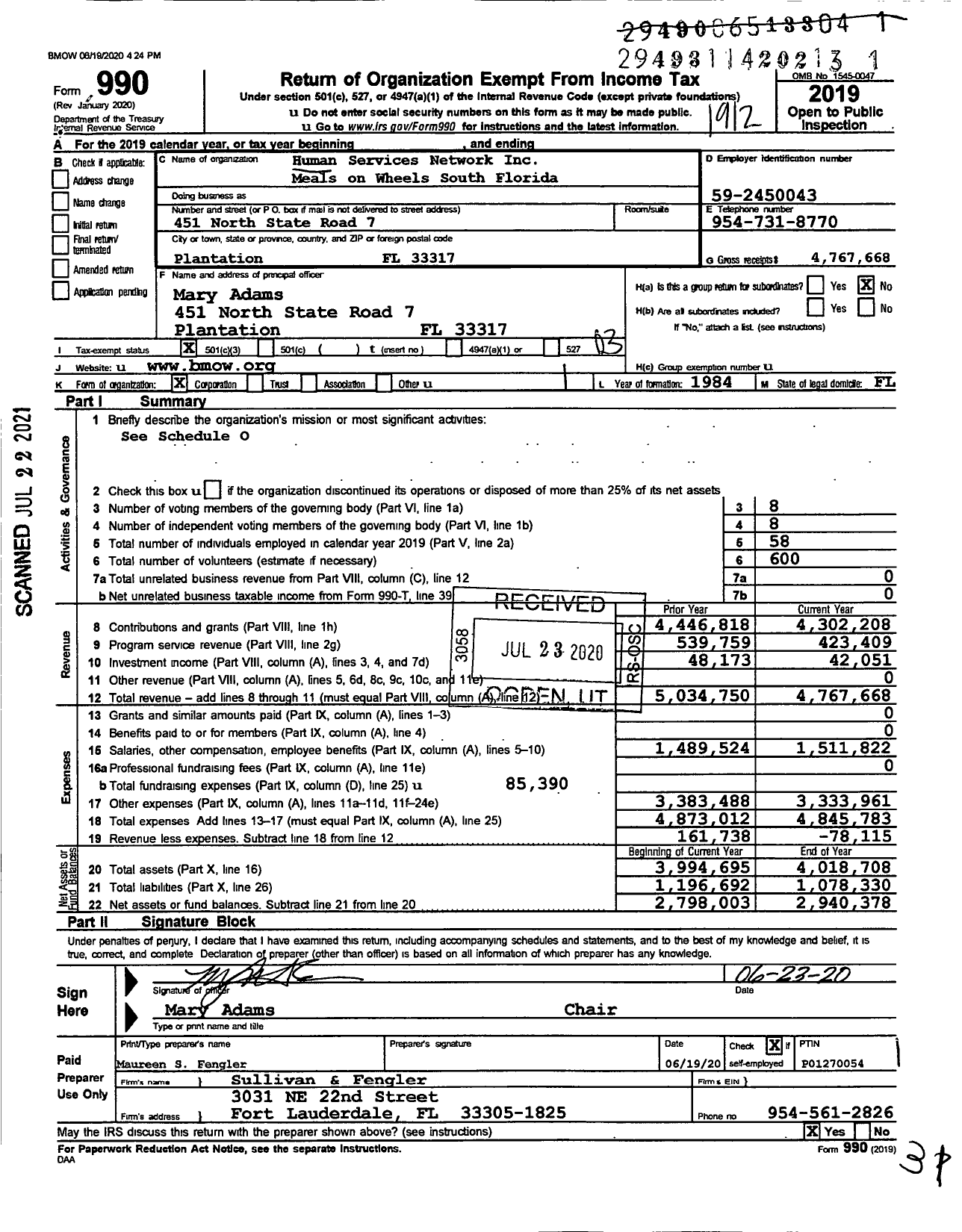 Image of first page of 2019 Form 990 for Human Services Network Meals on Wheels South Florida