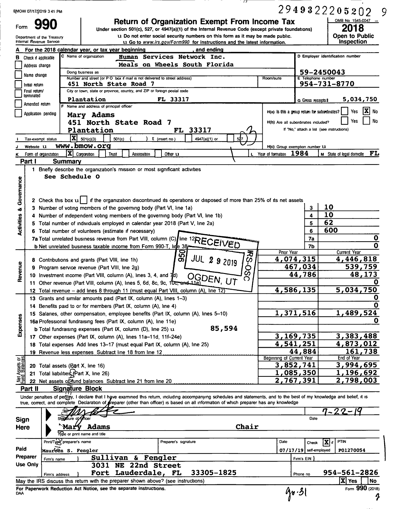Image of first page of 2018 Form 990 for Human Services Network Meals on Wheels South Florida