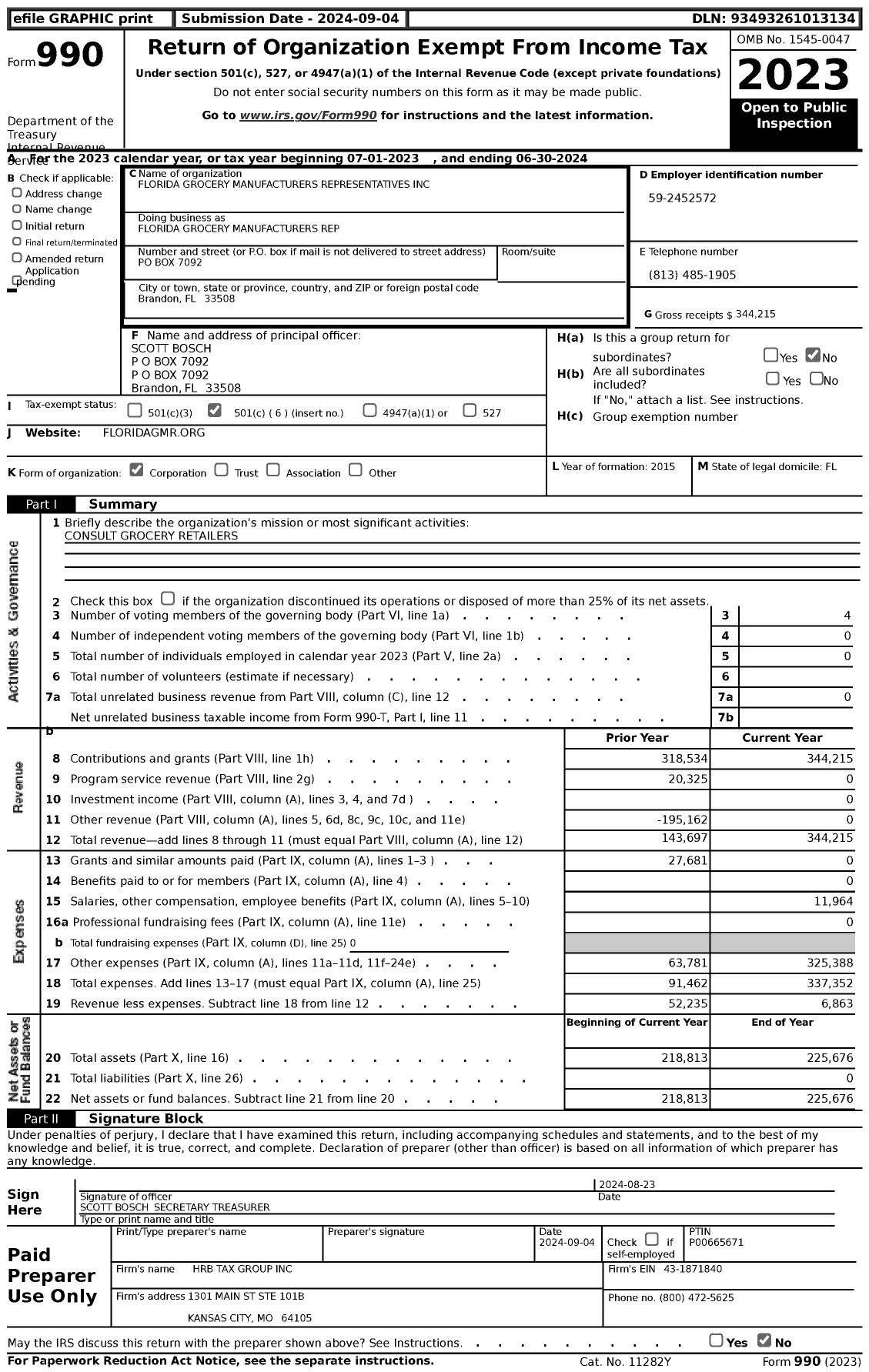 Image of first page of 2023 Form 990 for Florida Grocery Manufacturers Rep