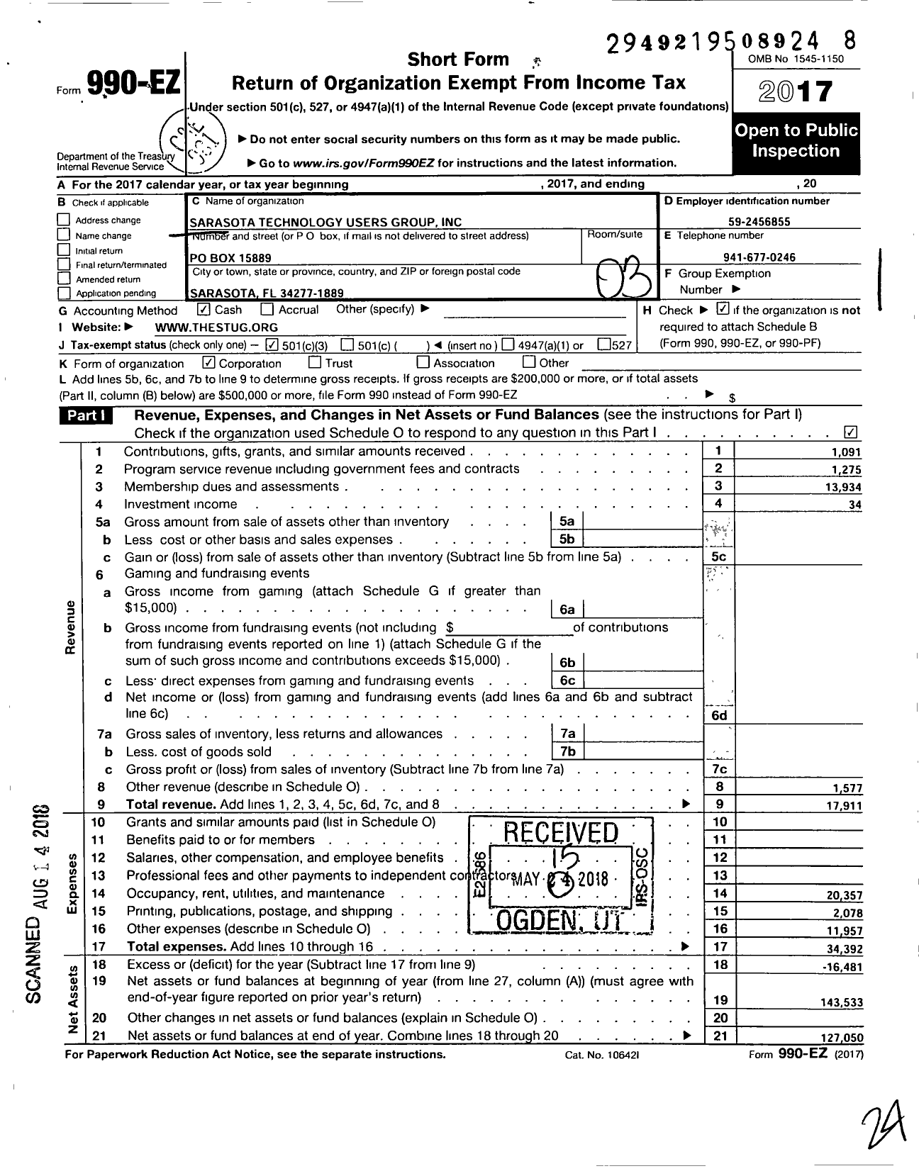 Image of first page of 2017 Form 990EZ for Sarasota Technology Users Group